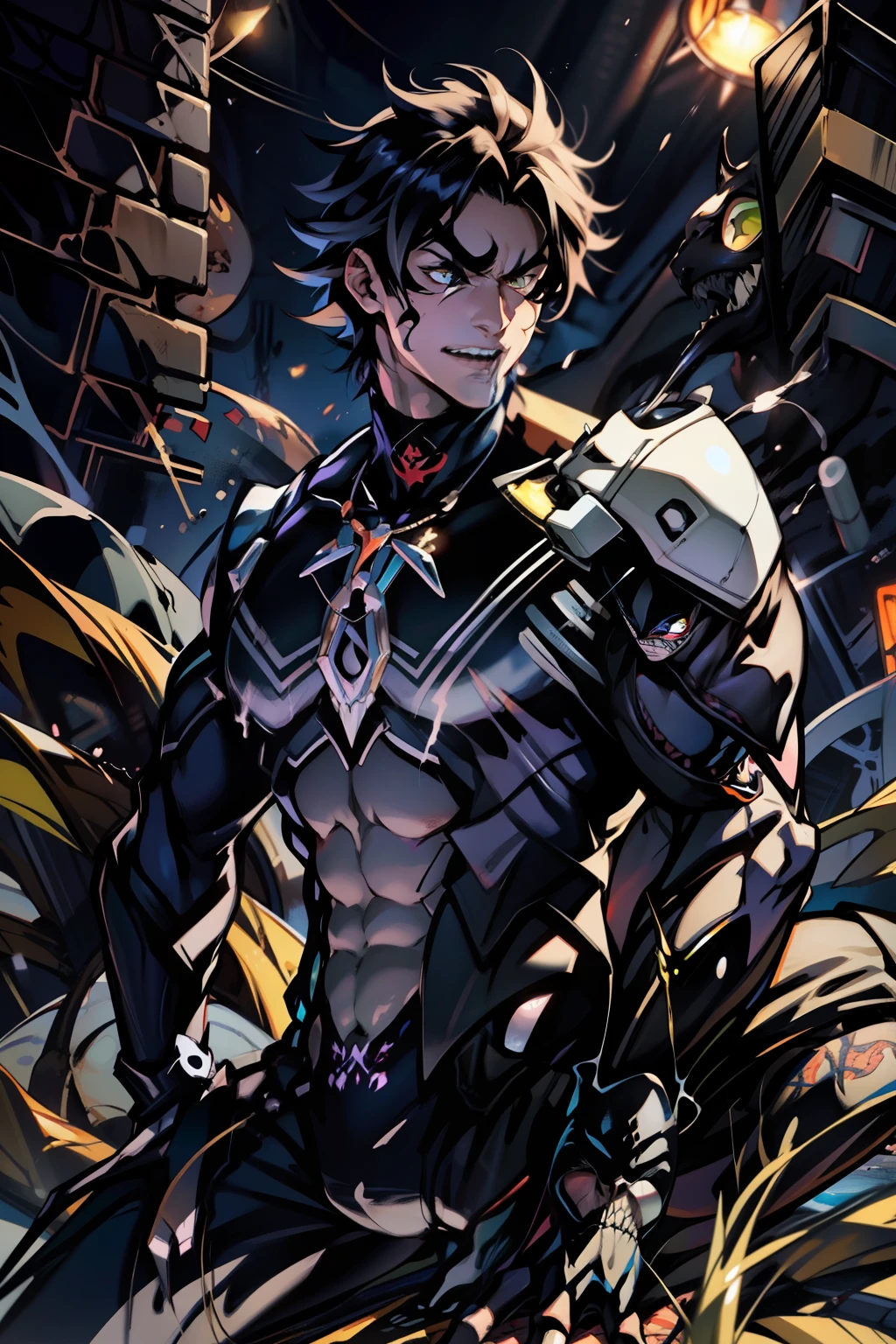 《the original god》Arataki Kazuto , male people， chest muscle， Sexy , Venom symbiote for your body, Black mucus of the body , into venom, venomize，Black bodysuit，（Cloak），Red cape，Abs，（Adult male）（（Venom possession，venom symbiote）），over-Tortoise Man，Battle damage，((Masterpiece)), ((Best quality)), Ultra detailed,((illustration)), Dynamic Angle, Detailed light, (Delicate eyes), Floating, 1boy, Male focus, Head, Clothing, Yellow eyes, necklace, tattoo, (Forehead:0.8), (ahoge:0.8), jewelry, brunette color hair,apathy，Ray， chest muscle， Sexy , Venom symbiote for your body, Black mucus of the body , （into venom）, Venom，frontage，Bust photo，White tight-fitting top，spiderman outfit，style of anime4 K， 4K anime wallpaper， Badass anime 8 K， 4 k comic wallpaper， young anime man， Anime boys， Anime wallpapers 4 k， Anime wallpaper 4K， High quality anime art style， Anime moe art style， Anime art wallpaper 8 K， Anime art wallpaper 4 K， RGB lighting，