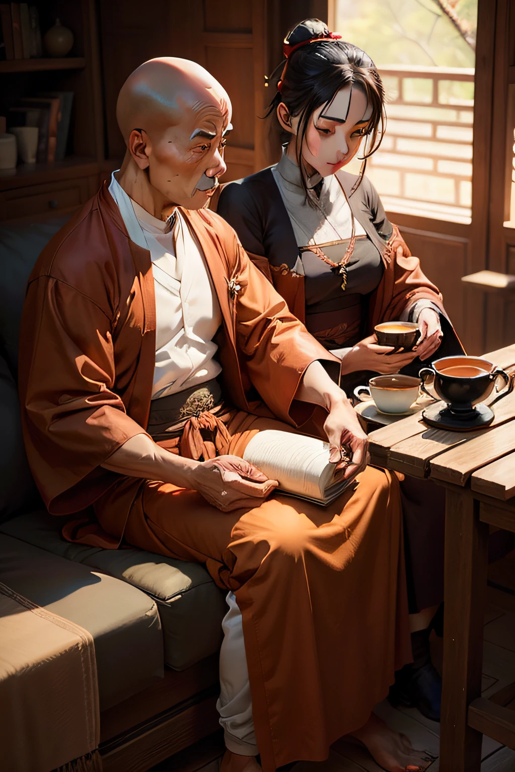 a monk man and a tea tomano girl