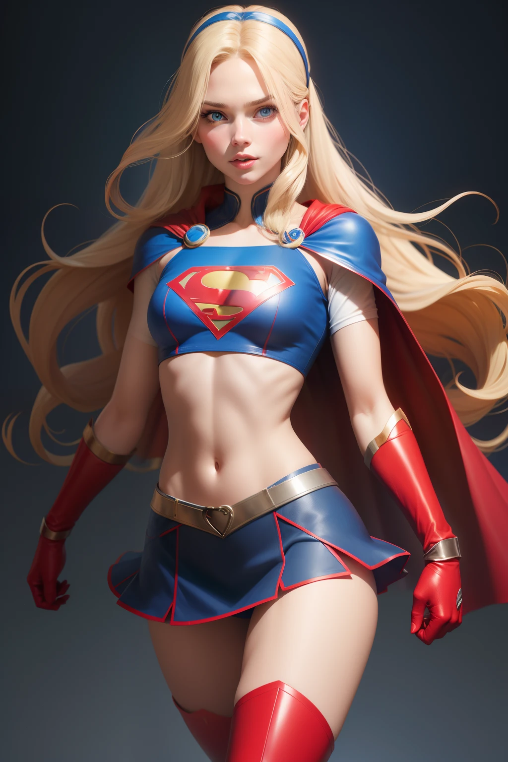 sexy Supergirl long blonde hair and blue eyes, black hairband, blue croptop, short sleeves, red cape, blue pencil skirt, red boots, white gloves