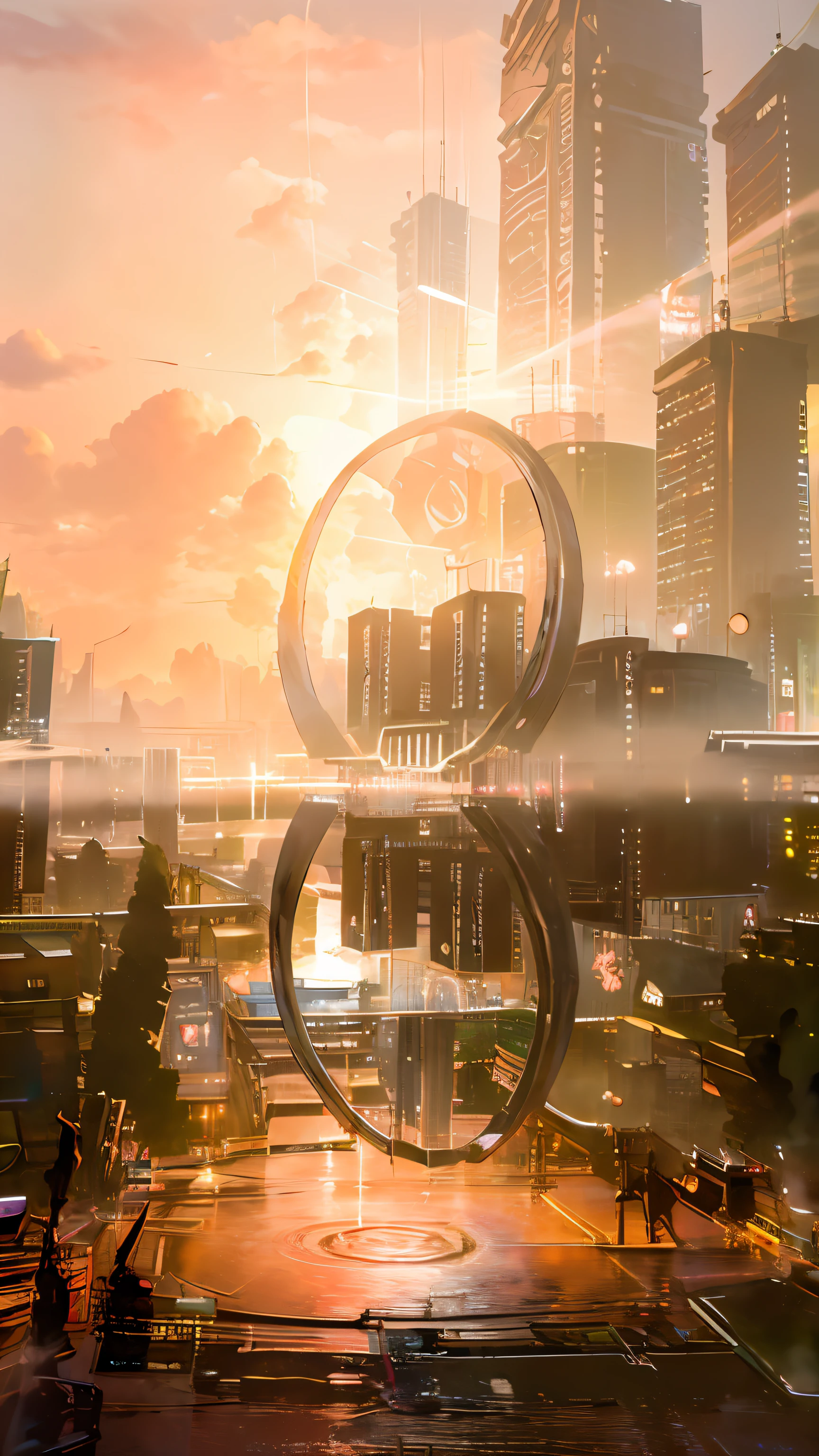 view over city,There is a circular sculpture in the center of the water, high quality architectural art, beautiful rtx reflections, Amazing photography, big breasts enchanting, Ring of fire, Amazing composition, marvellous reflection of the sky, ornamental halo, stunning cinematography, 360*, golden hour in beijing, a beautiful land art of a large, refracted sunset lighting