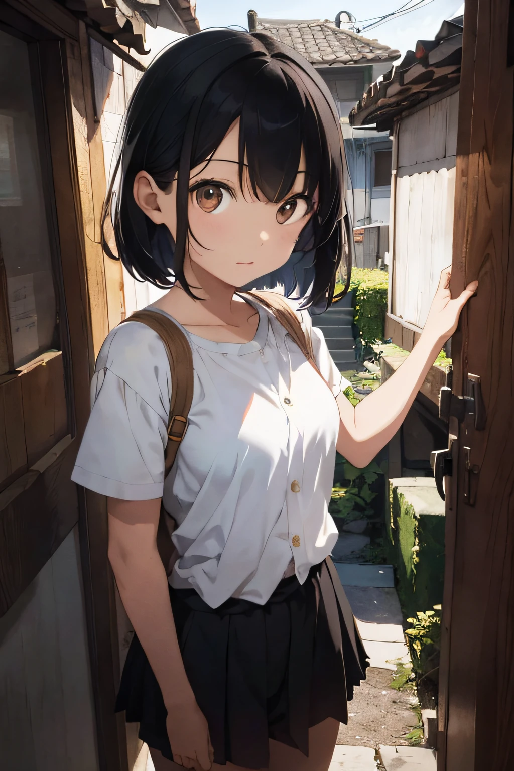 hoang lap,A high resolution,ultra - detailed,(1girll:1.3), sunder ,Depicts a scene set in the entrance of a house,Has short black hair、Expressive faces、Cute outfit、A look of surprise。 sunder ,Illustrate double-exposure images,Create unique artistic effects。