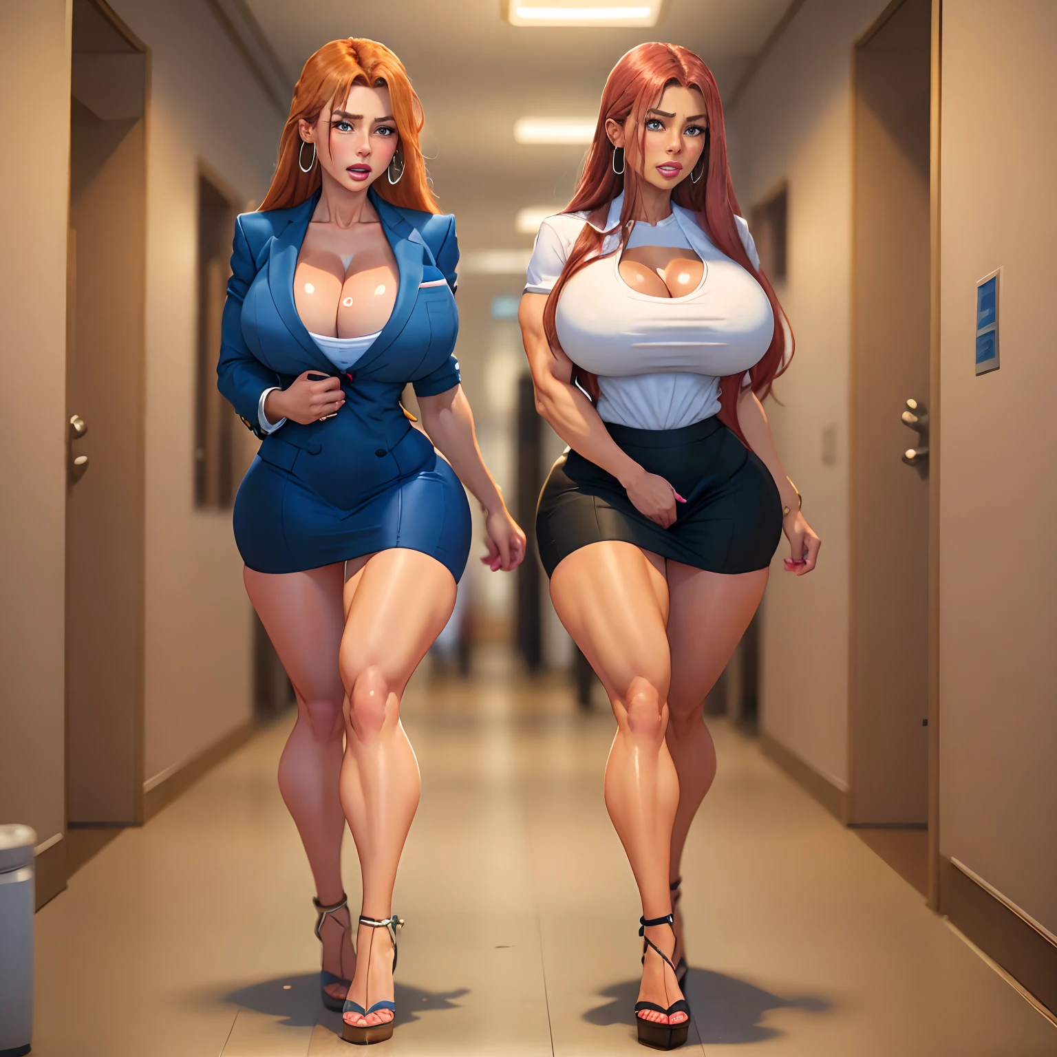 tanned redhead, Female entrepreneur, A full body shot, dark-skinned girl, Two girlfriends, muscular legs, muscular calves, Strong legs, muscular hips, wide thighs, Curvy hips, high-heeled sandals, tights in a net, tights in a net, Women's business suit with short shorts, large ring earrings, He really wants to pee, Walk down the corridor of the office, Leg by foot, wants to pee, desperately wants to pee, wants to urinate, An expression of shame on his face, confusion, crying, Palm on stomach, crumples the hem of the skirt with his hands, Knees clenched, Hips clenched, Tense posture, full bladder, terribly wants to go to the toilet, anatomically correct, Realistic,