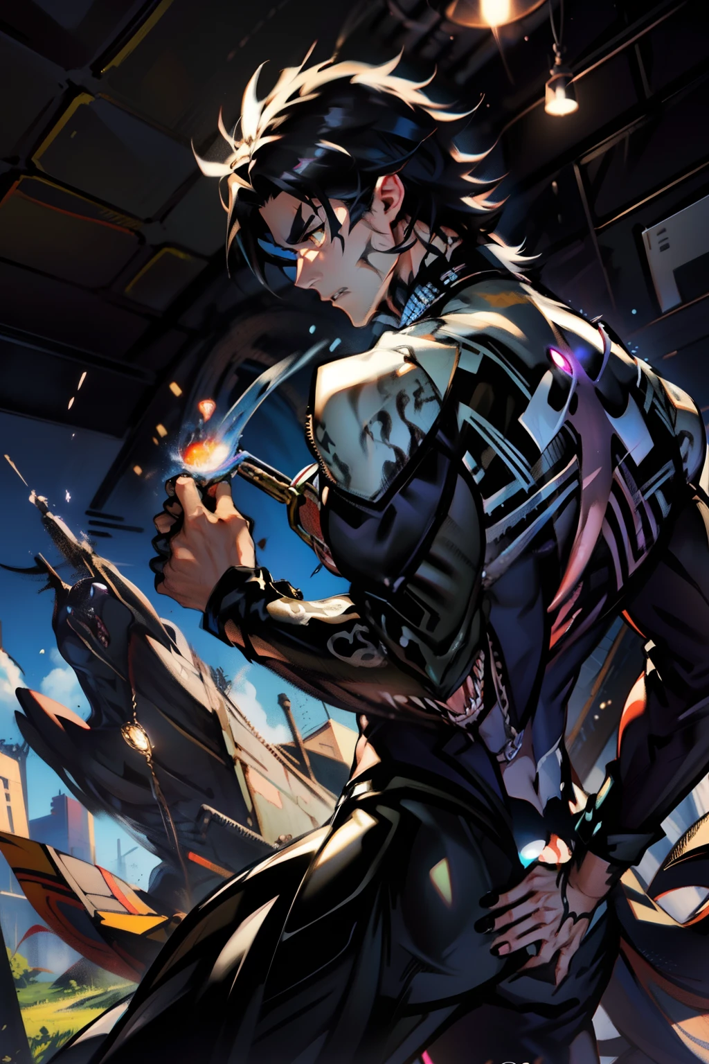 《the original god》Arataki Kazuto , male people, chest muscle, Sexy , Venom symbiote for your body, Black mucus of the body , into venom, venomize,Black bodysuit,(Cloak),Red cape,Abs,(Adult male)((Venom possession,venom symbiote)),over-Tortoise Man,Battle damage,((Masterpiece)), ((Best quality)), Ultra detailed,((illustration)), Dynamic Angle, Detailed light, (Delicate eyes), Floating, 1boy, Male focus, Head, Clothing, Yellow eyes, necklace, tattoo, (Forehead:0.8), (ahoge:0.8), jewelry, brunette color hair,apathy,Ray, chest muscle, Sexy , Venom symbiote for your body, Black mucus of the body , (into venom), Venom,frontage,Bust photo,White tight-fitting top,spiderman outfit,style of anime4 K, 4K anime wallpaper, Badass anime 8 K, 4 k comic wallpaper, young anime man, Anime boys, Anime wallpapers 4 k, Anime wallpaper 4K, High quality anime art style, Anime moe art style, Anime art wallpaper 8 K, Anime art wallpaper 4 K, RGB lighting,