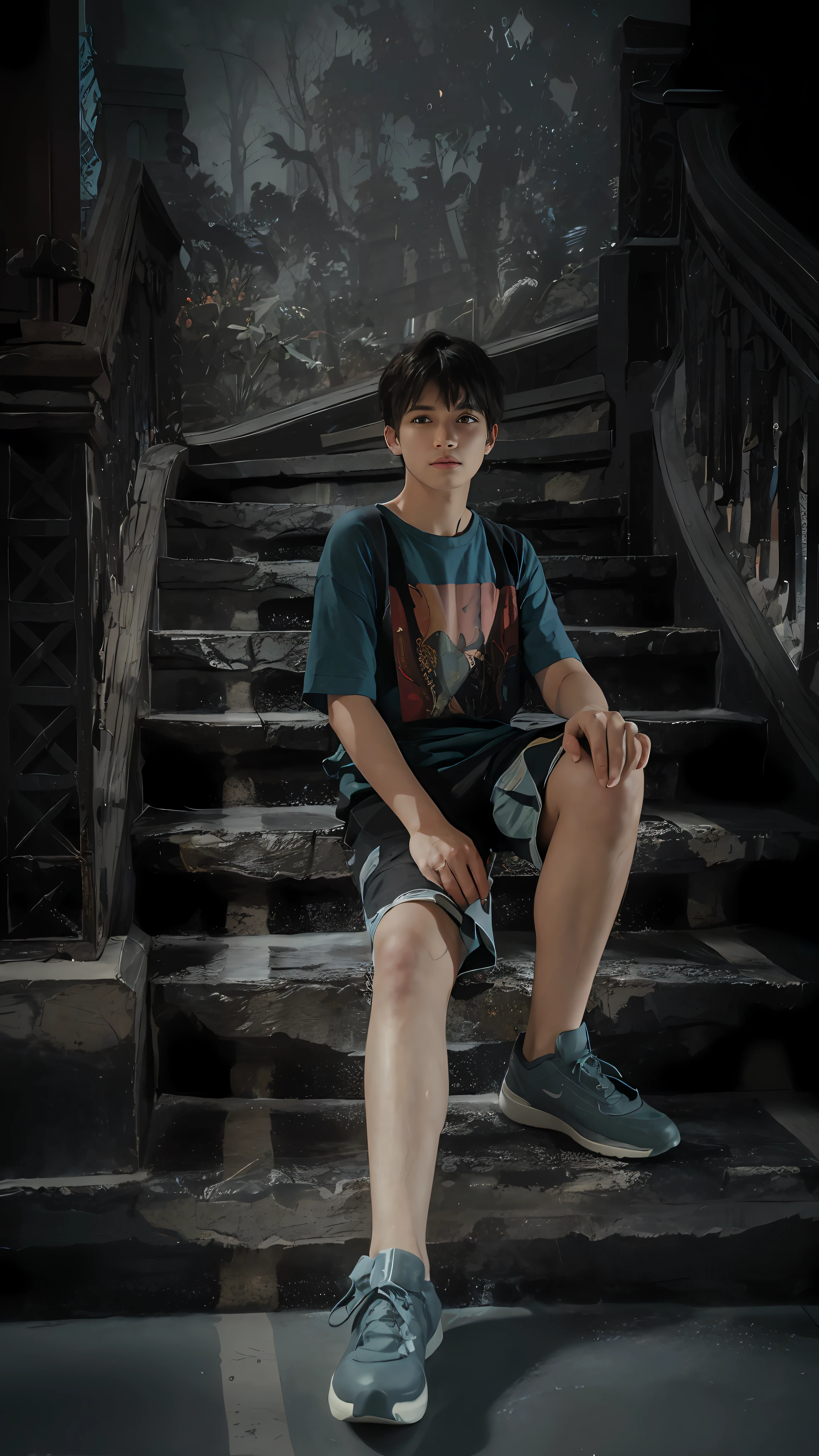 Surrealist male portraits by David Hockney and Alphonse Mucha，Fantasyart，photographrealistic，动态照明，art  stations，poster for，Volumetriclighting，Very detailed faces，4 k''，Award-Awarded，，1boys，in the darkness nigth，deep shading，low tune，short detailed hair，