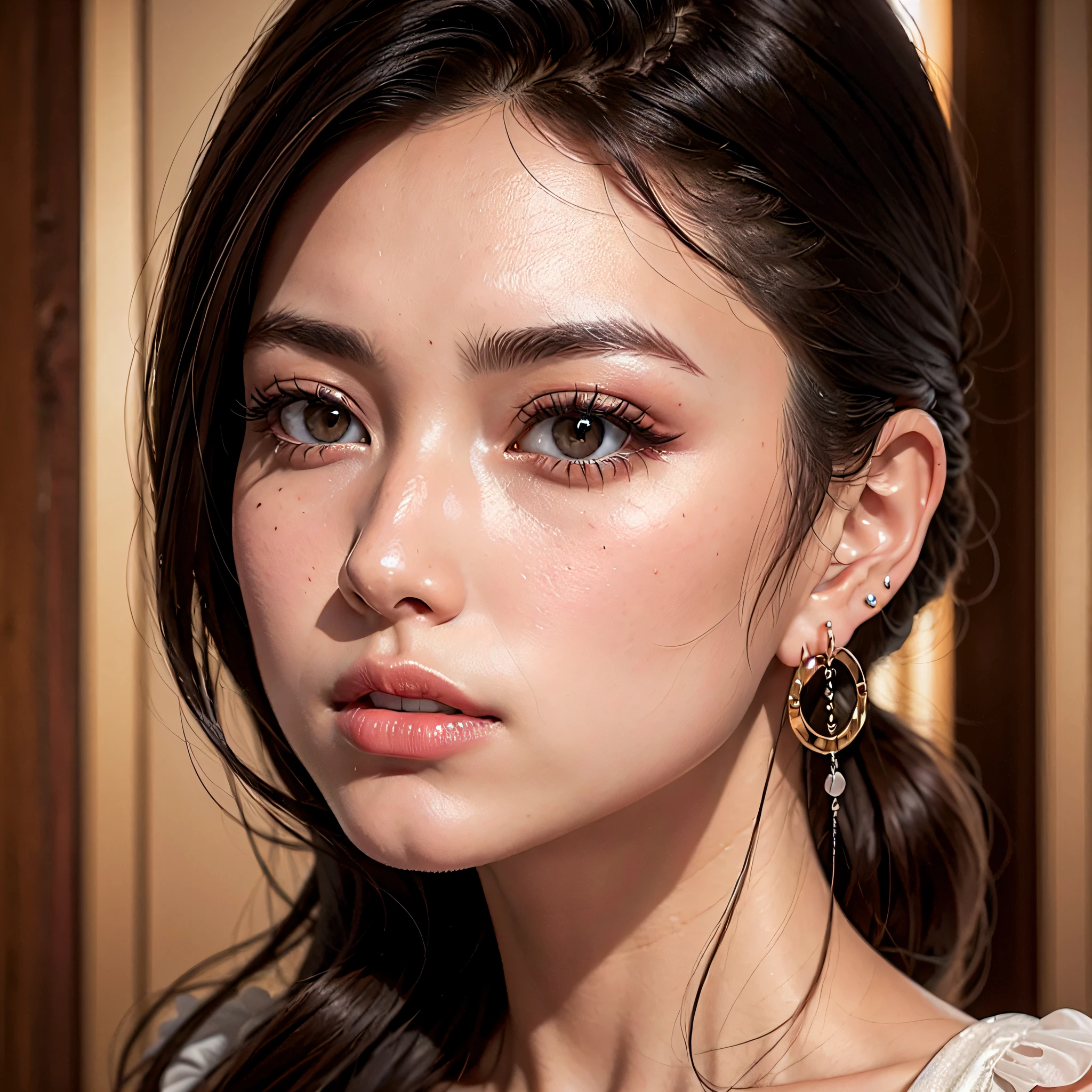 A pretty woman, delicate features directed gaze, Earrings