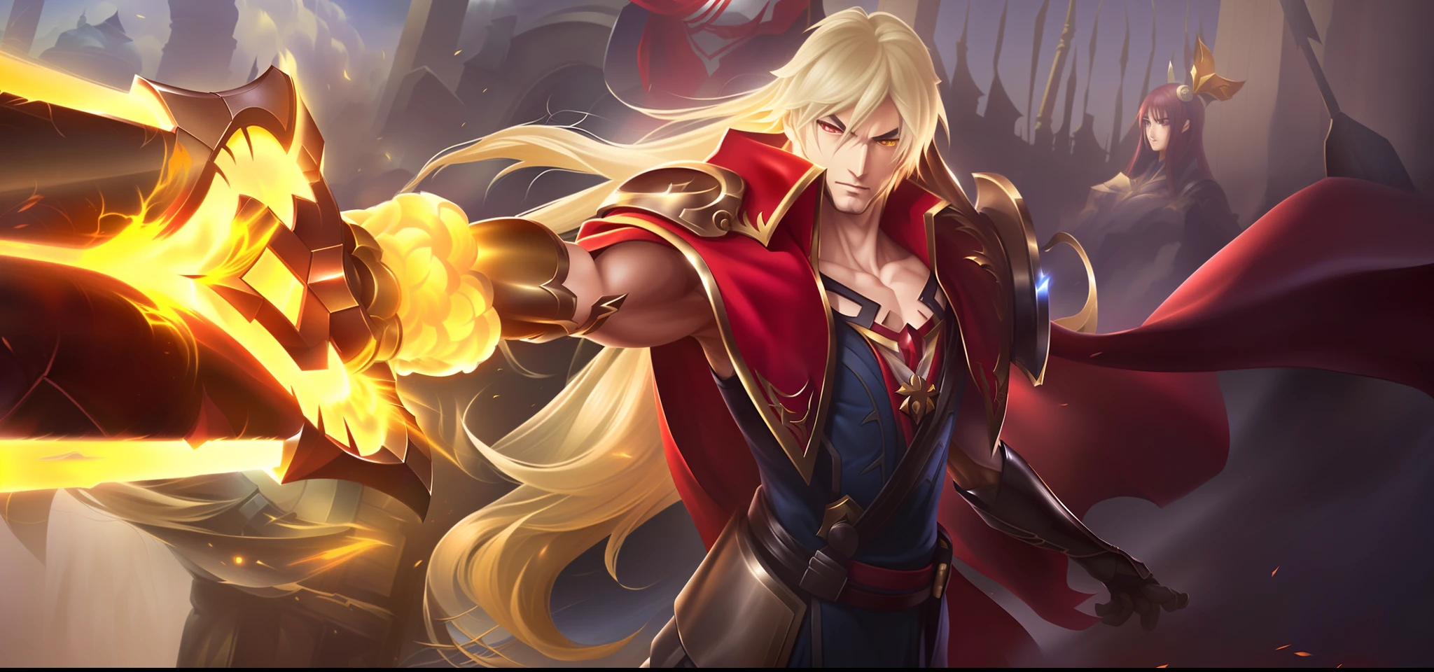 um homem com um manto vermelho segurando uma espada e fogo, Alucard, Heise Jinyao, Zhongli, Genshin Impact, por Yang J, Keqing de Genshin Impact, Sakimi, Astri Lohne, arte splash, mobile legends, Artgerm extremamente detalhado, estilo shadowverse, inspirado por Yang Jin, Sylas, arte oficial splash, ultradetalist, 4k