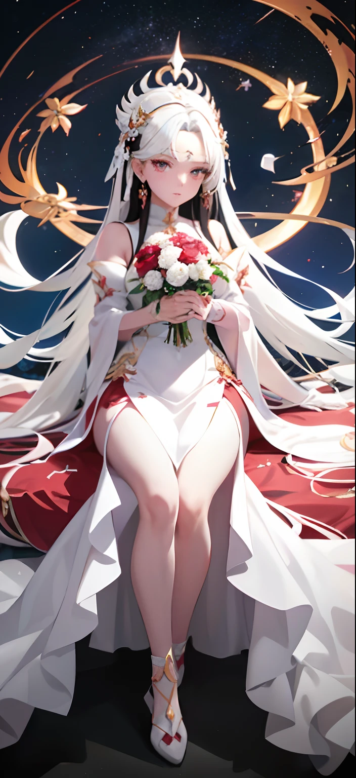 A woman in a white dress holds a close-up of a red object, Anime goddess, full-body xianxia, Guviz, Guviz-style artwork, cute anime waifu in a nice dress, seductive anime girls, Extremely detailed Artgerm, IG model | Art germ, a beautiful fantasy empress, trending on cgstation, Beautiful celestial mage