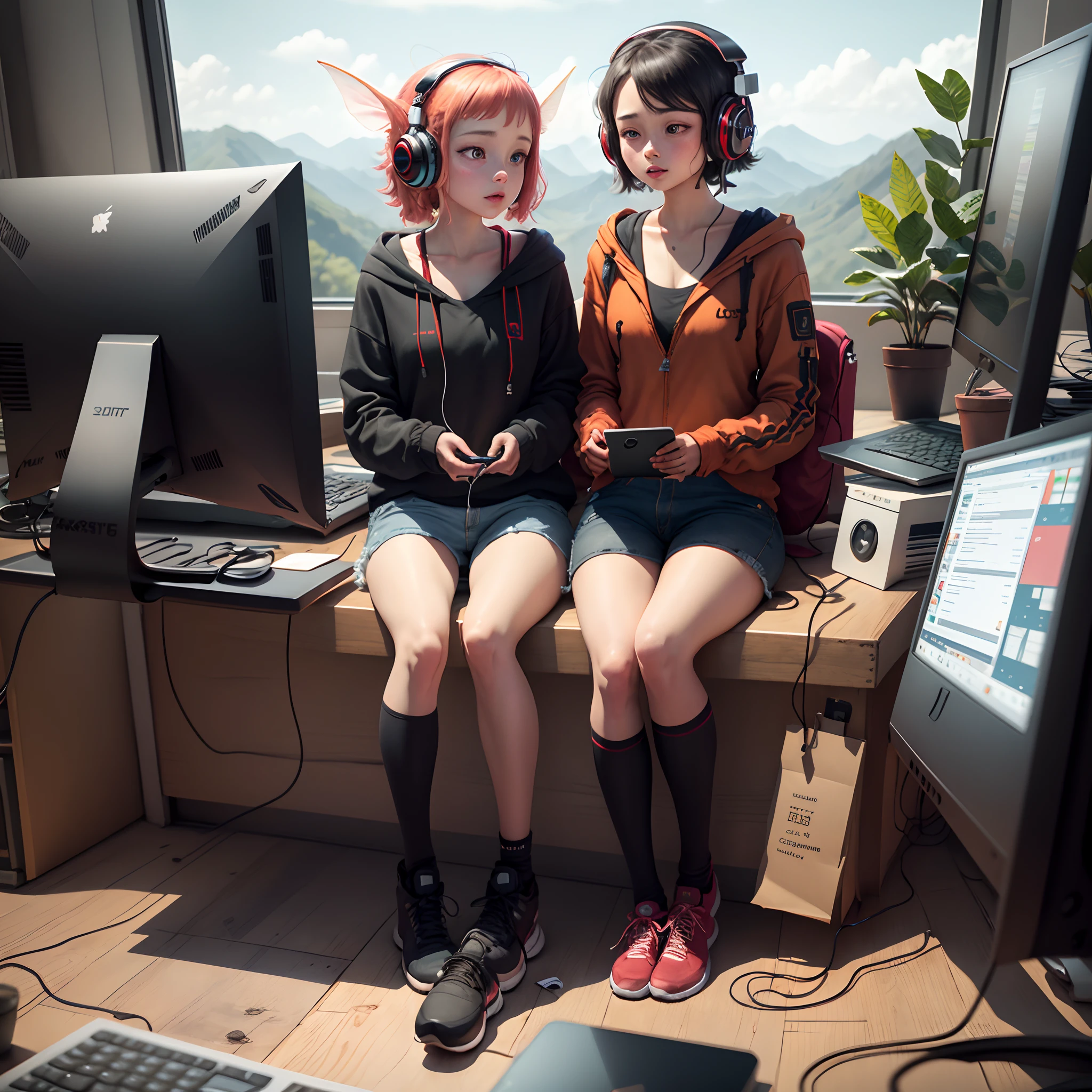 Black and red headphones,Computer,a person,landscape,tiny faeries