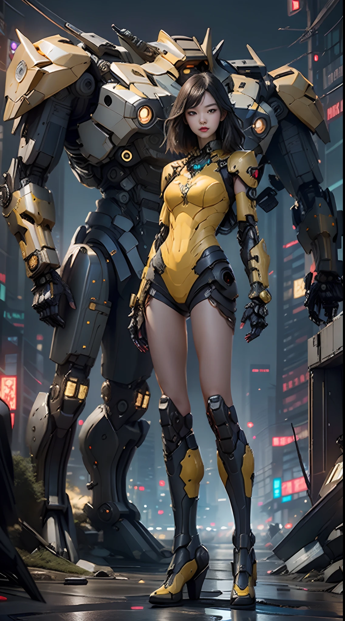 Boutique,best quality,yellow accents,(slip out feet),Fairy skin,(Fidelity :1.2),Standing,Super Detailed,realistic,High quality,Movie Light,Ray tracking,Ultra HD,Upper body
Girl in leotard and tall boots standing next to giant robot, Guweiz style artwork, CyberPunk mech, Trends on CGSTATION, Guweiz, Russell Dongjun Lu, digital cyberpunk anime art, Ross Tran 8 K, Guweiz on ArtStation Pixiv, Girl in mecha network armor