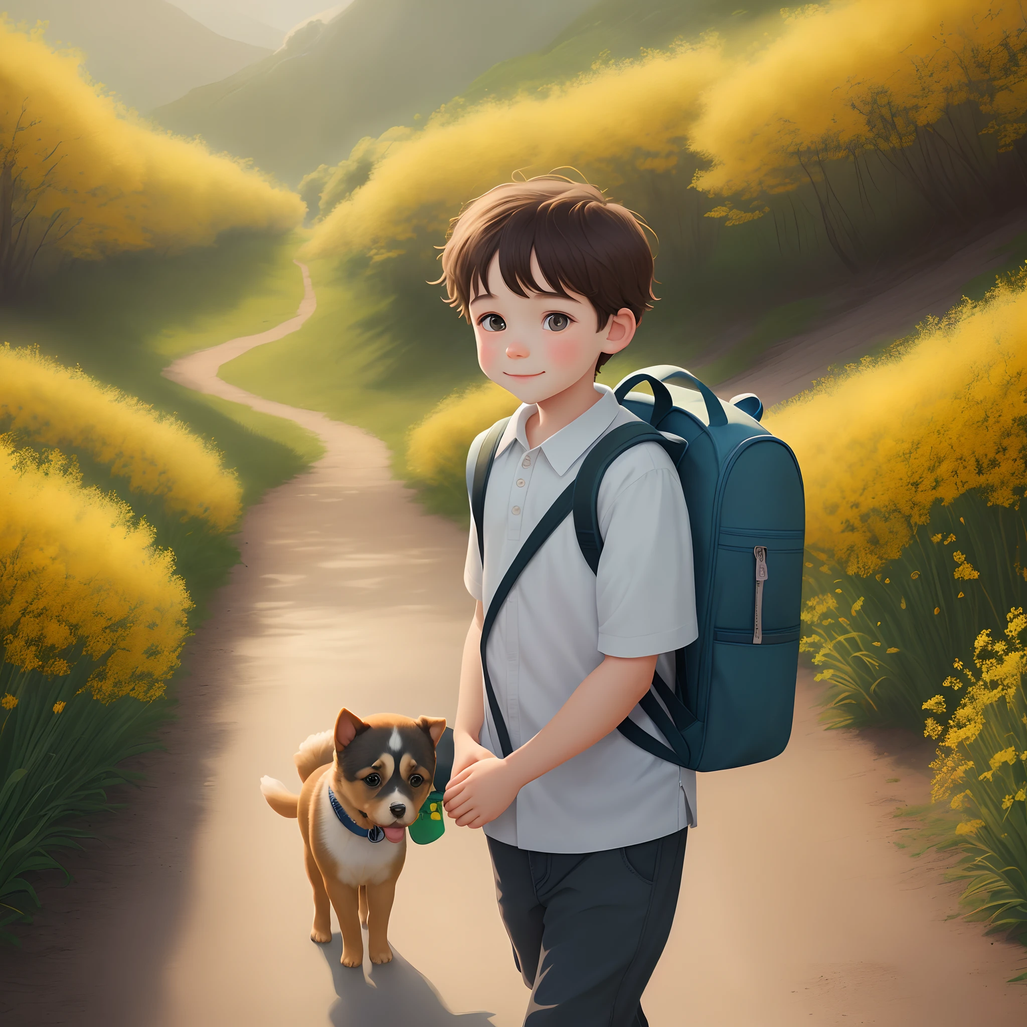 An incredibly charming carrying a backpack, accompanied by her adorable puppy, enjoying a lovely spring outing surrounded by beautiful yellow flowers and natural scenery. The illustration is in high definition at 4k resolution, with highly-detailed facial features and cartoon-style visuals.