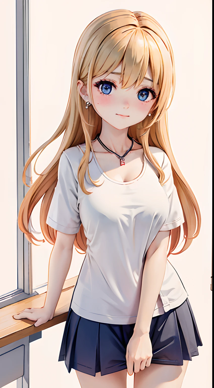 absurderes, 1girll, Be red in the face, (Realistis:1.5), (tmasterpiece, the Extremely Detailed CG Unity 8K Wallpapers, best qualtiy, A high resolution:1.2), (Supergianthugebreasts_Detailed, hyper HD:1.2), lighting perfect, distinctive, (1girll:1.4), looking at viewert, unreal-engine, Sideslit, s the perfect face, 详细的脸, Perfect body, beautidful eyes, Nice face, (Bright Skin:1.4), idoly, (Abs), ulzang-6500-v1.1,,((mediuml breasts)),(a narrow waist),(blond hairbl),(((white shirt short sleeves))),((a black pleated skirt)),((in class room)),(choker necklace),((white shirt short sleeves)),(obi strip),((sittinng on the desk)),(full bodyesbian:1.4),By bangs,(eye glass)),sharp sharp eyes,Peck the corners of the mouth,silver earring,