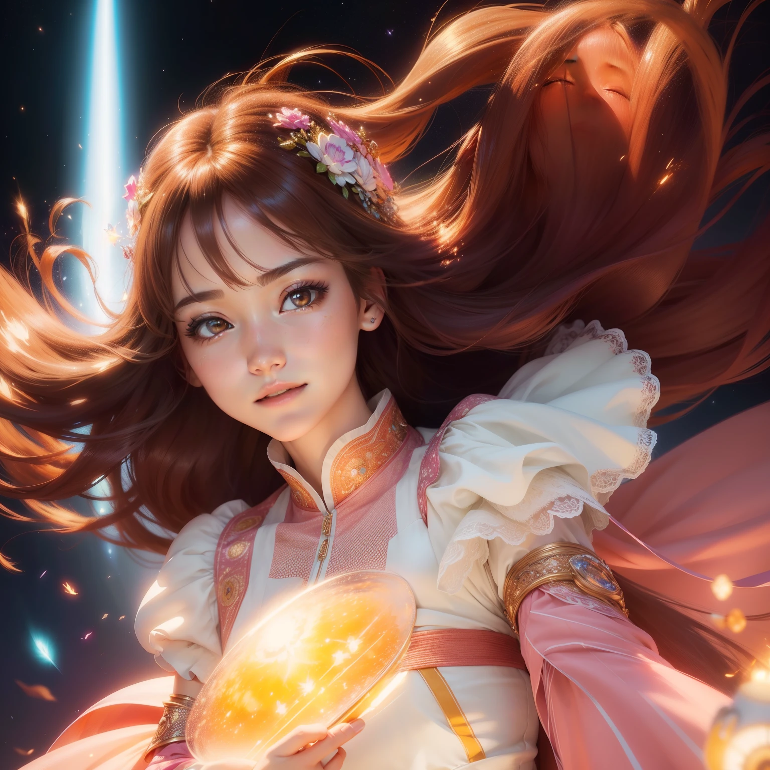 Radiant woman、beatiful lights、Looking Up、Aired dresses、the wind、Colorful、kirakira、Power from space、(Realistic light:1.0),(best quality face:1.2),(Eye of balance:1.0),(Masterpieces of art:1.0),(Flowing hair:1.0),(brightened light:1.0),(Detailed facial parts:1.2),(Wind-blown energy), (Extraordinary beauty:1.2)