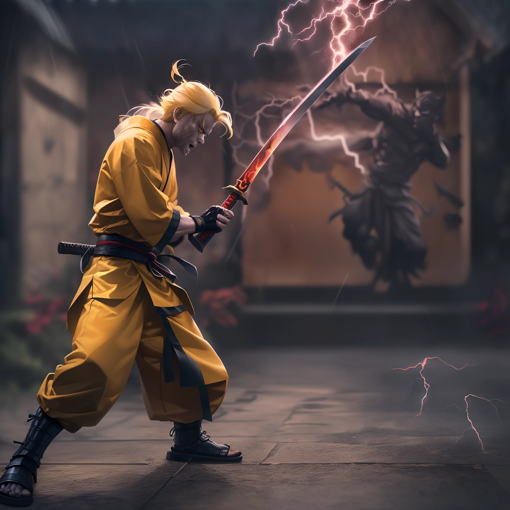 One Man Fighting the Devil、The Great Devil in Front of You、(Yellow hair、Lightning of the Sword、Working with lightning、samurai clothing)、8K、Real texture、(full body1:2)