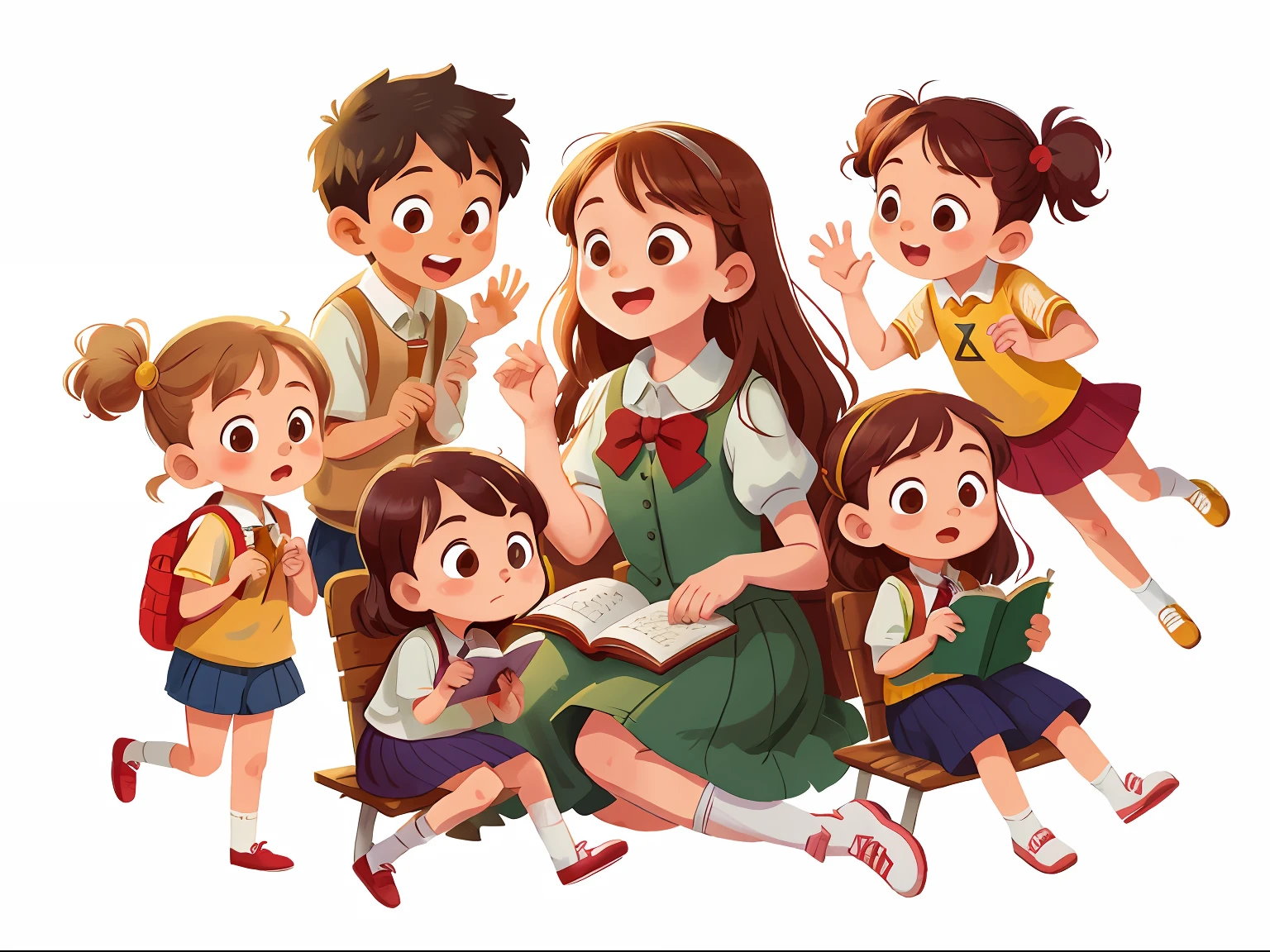 illustration, masterpiece, best quality, School teacher with several students (girls and boys)
sitting side by side, Sitting side by side on the bench,
Behind them some students are standing and waving,They wave at us, in school uniform, from opposite, Happy, full body, in the style of childreb book charecter, charecter sheet, white background, adjective + object, character sheet, children book character, white background, white background, looking at viewer,
