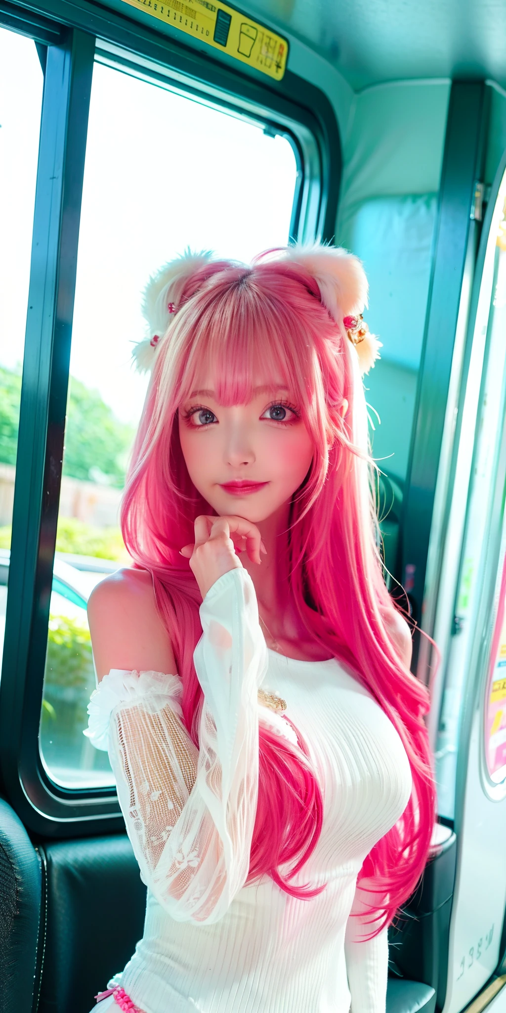 (8K, 4K, Best quality, A high resolution:1.2), (marsterpiece, Realistic, photograph realistic:1.37), 1girll, Solo, Beautiful face, eyeslashes, nase, Glossy lips, (Detailed eyes, view the viewer, Fair skin, White skin:1.5), fine complexion, Upper body,
Large breasts, Busty, , (:1.5),23years old，There are tattoos on the arms
On the bus，
two sides up, Absurdly long hair, Blonde hair, Pink hair, bangs, hair adornments, bow,
Younger, aged down,