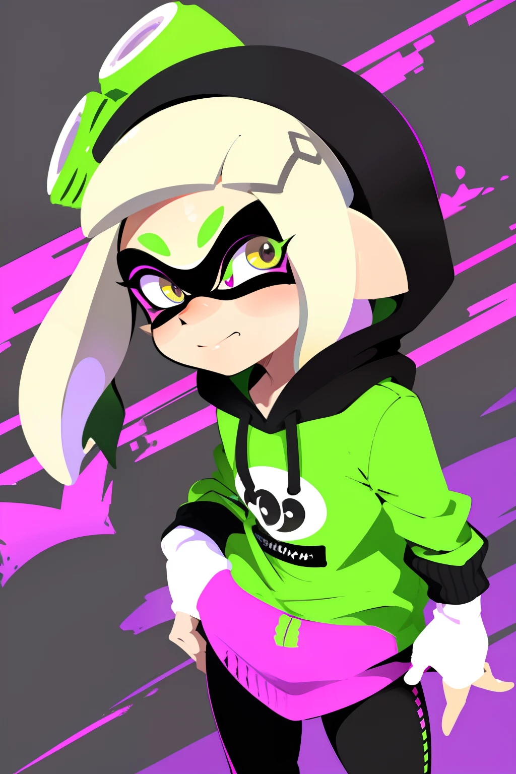 Splatoon, 1girl, inkling, Splatoon 2, splatfest style, Splatoon style, best quality, masterpiece, looking at viewer, city, light skinned skinny woman with a flat chest, long white hair with long side bangs/tentacles and one big middle bang , muted lilac eyes, dark circles/eye bags, wearing an all black hoodie. Detailed background.