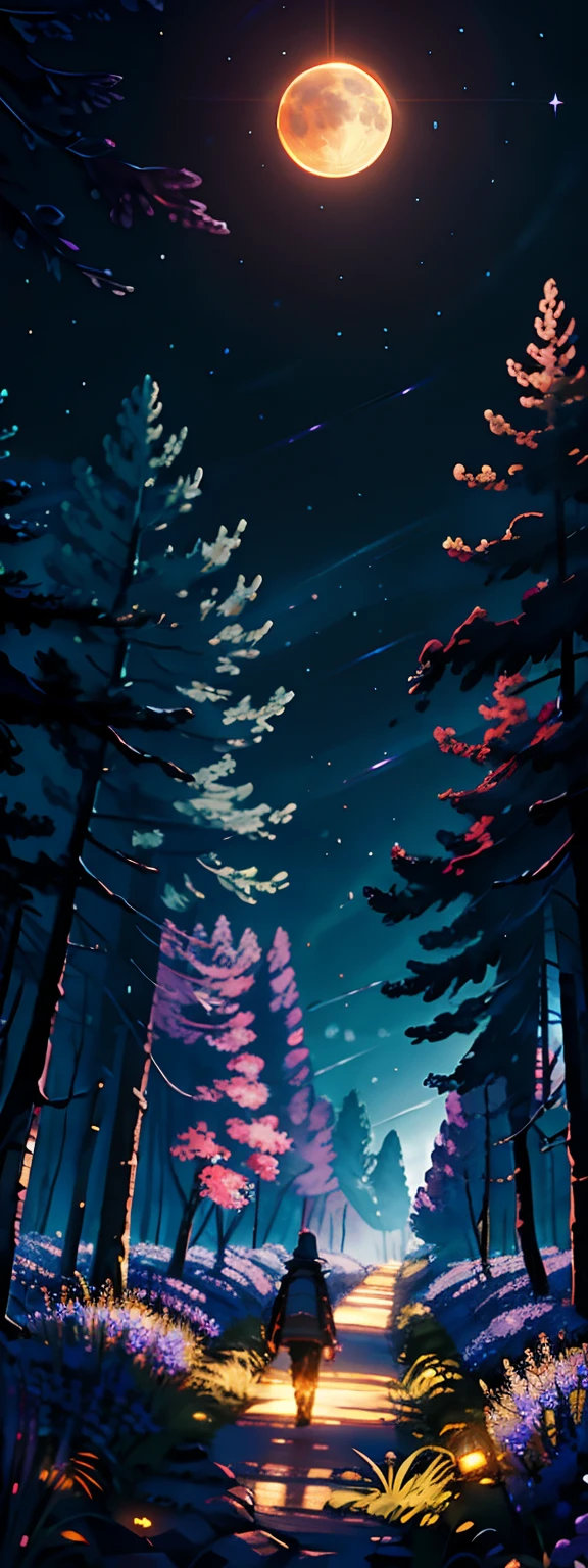 Expansive landscape photograph,(View from below with a view of the sky and the wilderness below),The little girl stood in the flower field and looked up,(moon full:1.2),(meteors:0.9),(Starcloud:1.3),Far Mountain,Tree BREAK Production Art,(Warm light source:1.2),(glowworm:1.2),lamp lights,Purple and orange,Complicated details,Volumetric lighting BREAK(tmasterpiece:1.2), (HighestQuali),4K,ultra-delicate,(Dynamic configuration:1.4),Highly detailed and colorful details(Irridescent color:1.2),(Sparkling lighting,Atmospheric lighting),(Obvious layered art:1.2),(Noticeable light and shadow effects:1.2), (Light particle tracing),(Unreal 5),dream magical,magical,(独奏:1.2)