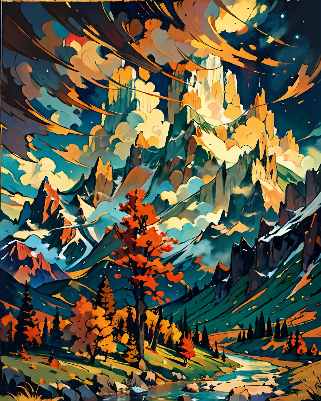 painting by sargent and rhads and leyendecker and greg hildebrandt evening sky, low thunder clouds foothpath with trees at indian summer with zugspitze fitz roy in background, colours green, red, blue black and white, acuarela