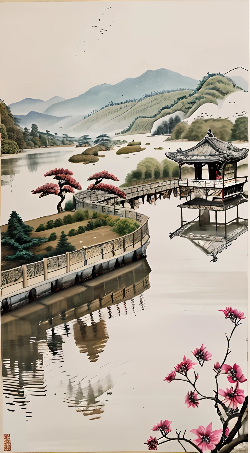 Chinese beauty standing by the river，Faraway view，Flowing silk，（Detailed and perfect facial details），Flowing silky hair，Pavilion，the trees，Flying birds，The vista is mountains，(Ink painting style is strong)，Clean colors，Decisive cut，Leave white space，impressionistic，tmasterpiece，（8k wallpaper），（Extremely meticulous and perfectly detailed painting），Epic composition，high high quality，HighestQuali，Master works of painting，realisticlying，Inspired by：《Suzhou Garden》，Ray