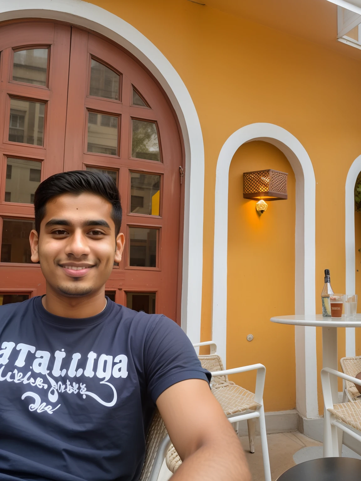 there is a man sitting in a chair outside of a building, around 1 9 , candid picture, at the terrace, with a cool pose, with accurate face, inspired by Saurabh Jethani, very very low quality picture, with a pouting smile, fps view, sitting in a cafe, taken with sony a7r camera