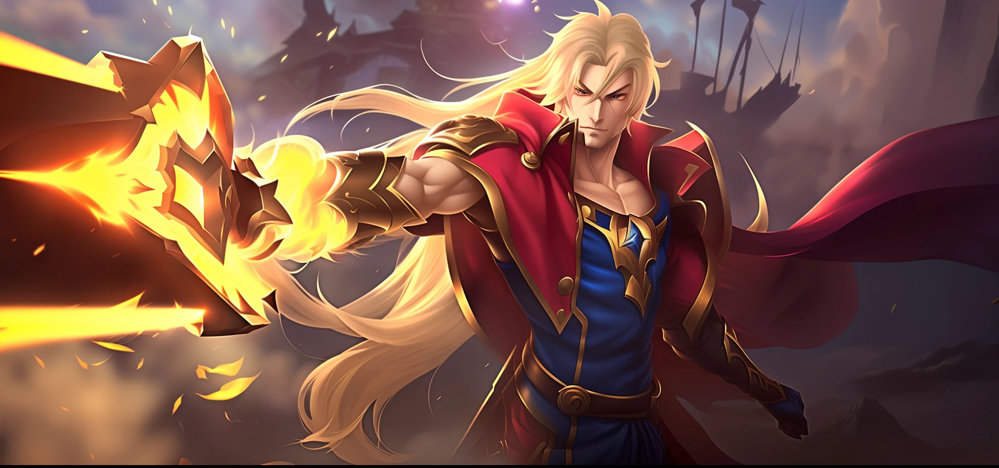 um homem com um manto vermelho segurando uma espada e fogo, Alucard, Heise Jinyao, Zhongli, Genshin Impact, por Yang J, Keqing de Genshin Impact, Sakimi, Astri Lohne, arte splash, mobile legends, Artgerm extremamente detalhado, estilo shadowverse, inspirado por Yang Jin, Sylas, arte oficial splash, ultradetalist, 4k