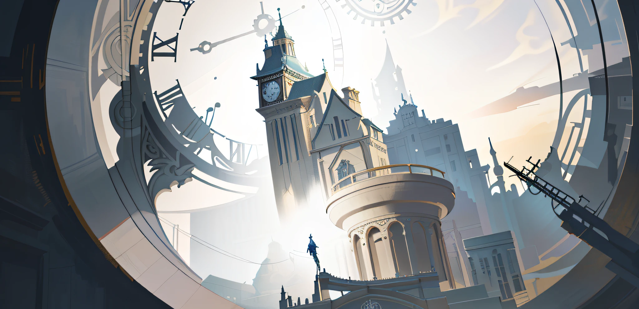 In one building there is a bell tower,There is a clock on it, ornate border + concept-art, in steampunk cityscape, background artwork, painted as a game concept art,Stylized urban fantasy artwork,the clock tower, flintlock fantasy capital city