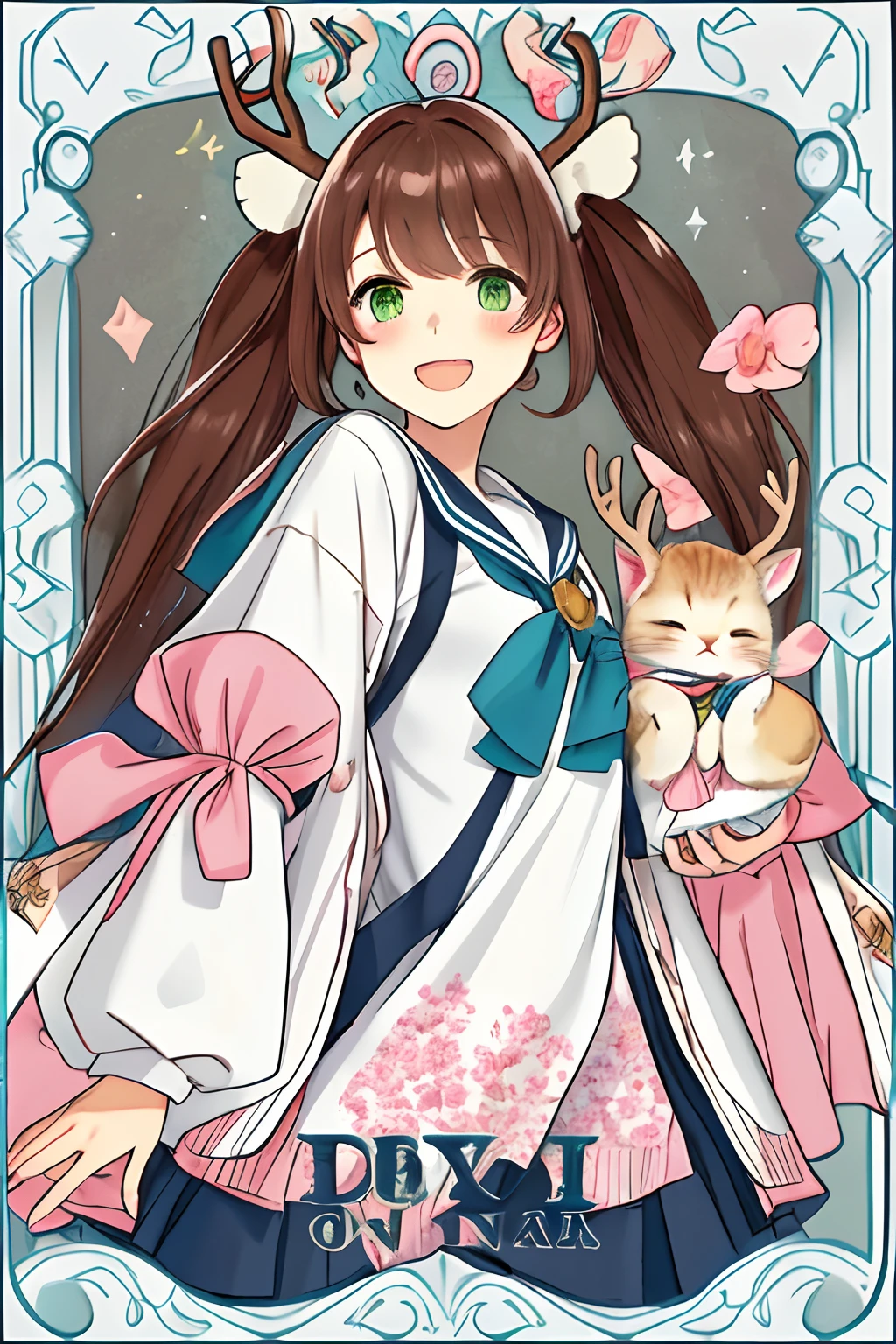 1girll(bluearchive), Close one eye, Pink big breasts, halter, Sailor collar, long whitr hair, simplebackground, Low Twin Tails, longer sleeves, ssmile, with her mouth open, wing hair ornament, 校服, 独奏, Blue sailor collar, The upper part of the body, By bangs, Green eyes, teeth, Blushlush, Upper teeth only, brown hair, White cardigan, Cardigan, puffy long sleeves, Blush Sticker, Kitten toys, pale brown hair,deer antlers