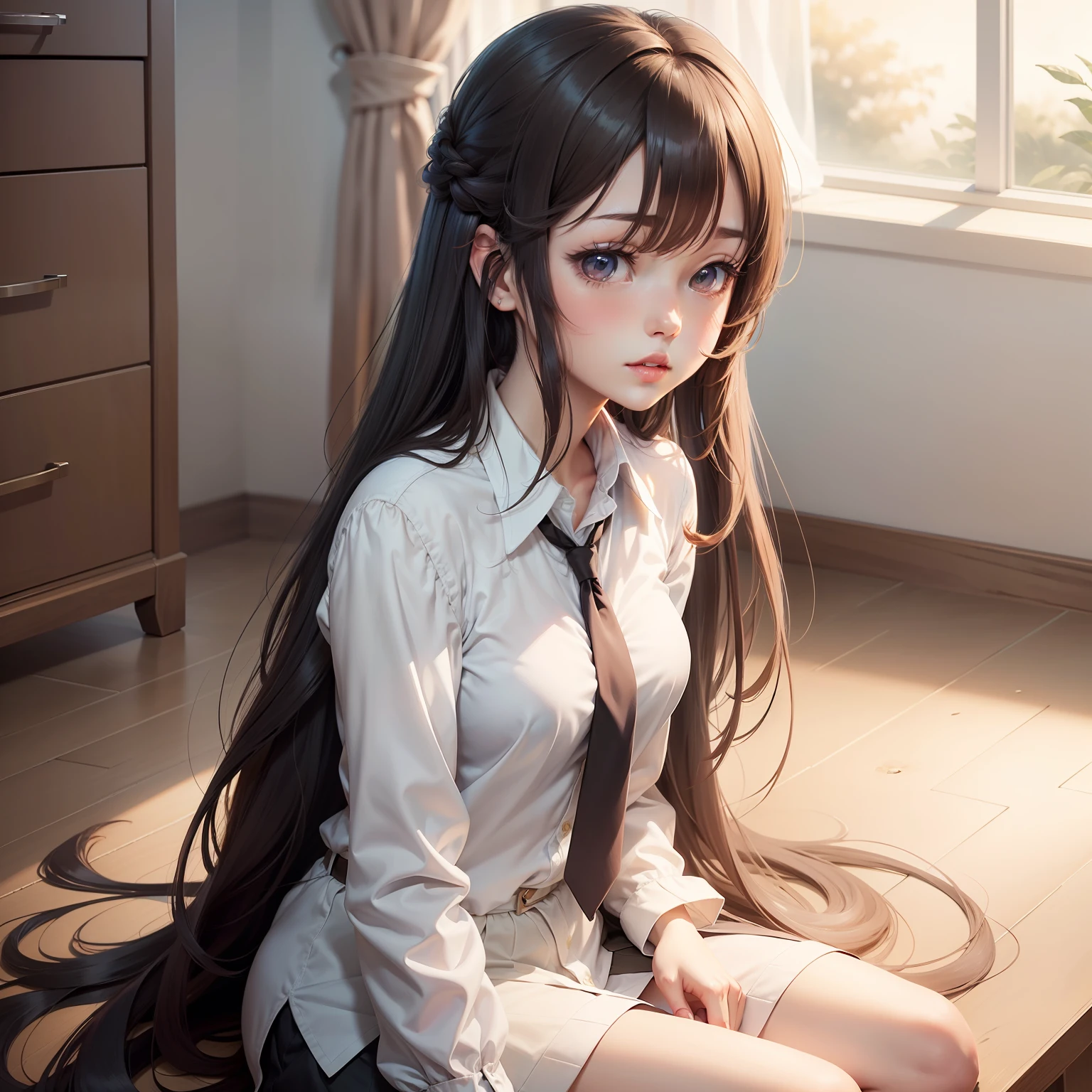 Anime girl with long hair and white shirt and tie, A scene from the《To the beloved》videogame, visual novels CG,《To the beloved》role, Yatori, Smooth anime CG art, anime visual of a cute girl, visual novel key visual