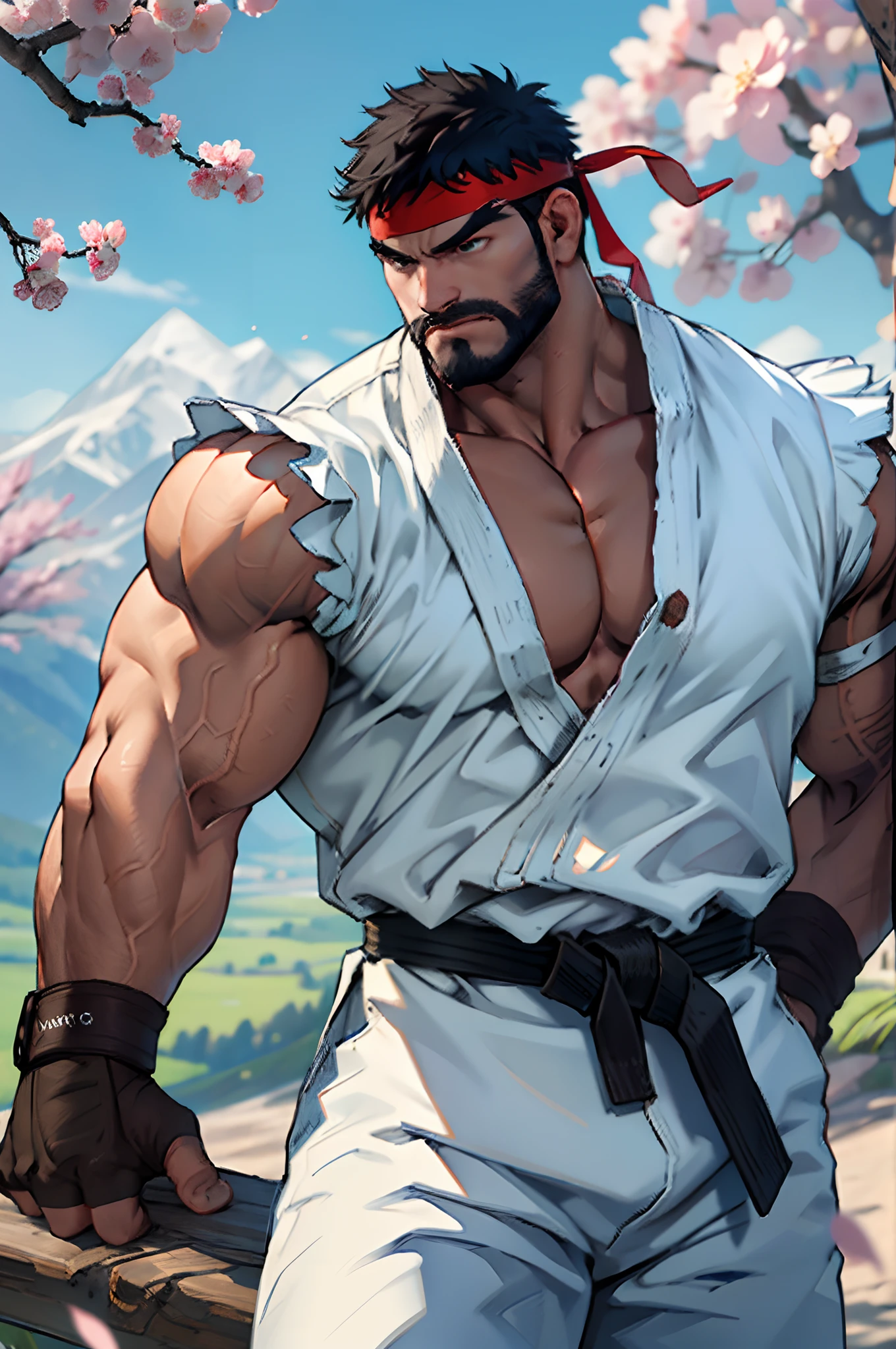 (masterpiece, best quality:1.2), cowboy shot, solo, male focus, 1boy, ryu \(sf\), middle age, serious, determined face, white skin, looking at viewer, black hair, black thick beard, detailed face tall, hunk, muscular, wide shoulder, big physique, wearing big white Dougi, new white Dougi shirt, white Dougi pant, red headband, fingerless gloves, blue aura, cherry blossom in the background, high detailed