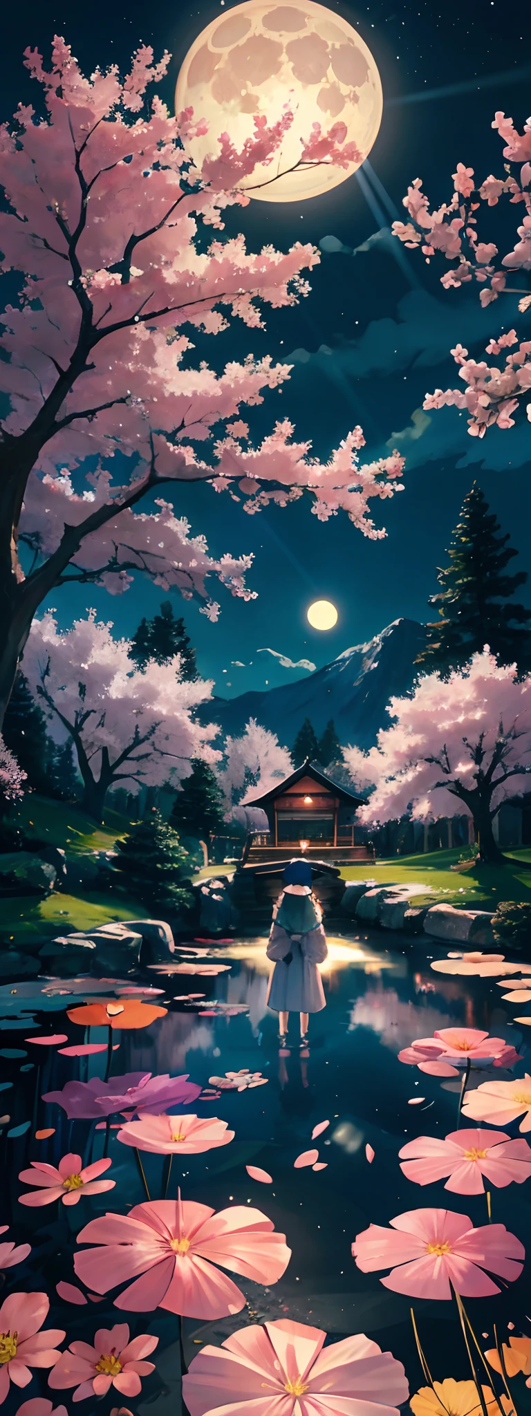 Expansive landscape photograph，（look from down，Above is the sky，Below is the pond），A girl stands on a pond and looks up，（moon full：1.2），（meteors：0.9），（Starcloud：1.3），Far Mountain, Cherry blossom tree rest making art，（Warm light source：1.2），（glowworm：1.2），lamp lights，Lots of purple and orange，Complicated details，Volumetriclighting，Realism BREAK（tmasterpiece：1.2），（best qualtiy），4K，Ultra-detailed，（dynamic compositions：1.4），The is very detailed，Colorful details，（Irridescent color：1.2），（luminouslighting，Atmospheric lighting），dream magical，magical，（独奏：1.2）Blue Moon，rays of moonlight