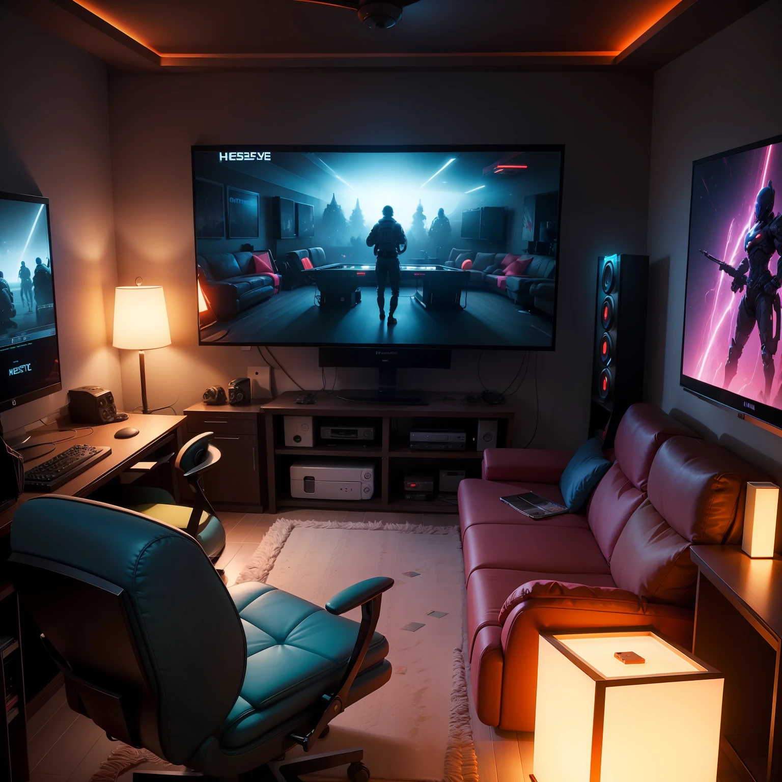 hestyle inside view of gaming room at evening, colorful night 8k