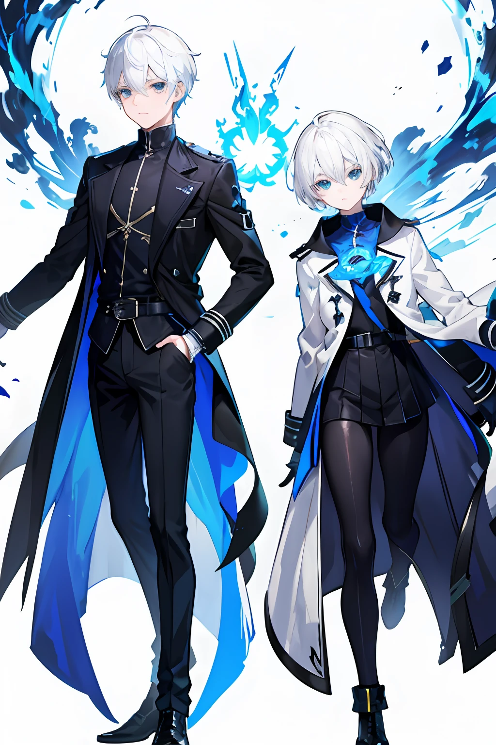 A boy,White hair,blue color eyes, short detailed hair,standing on your feet,full bodyesbian,Black blue to blue trench coat,Wearing combat shoes with a red flame,There are characteristics of monsters。