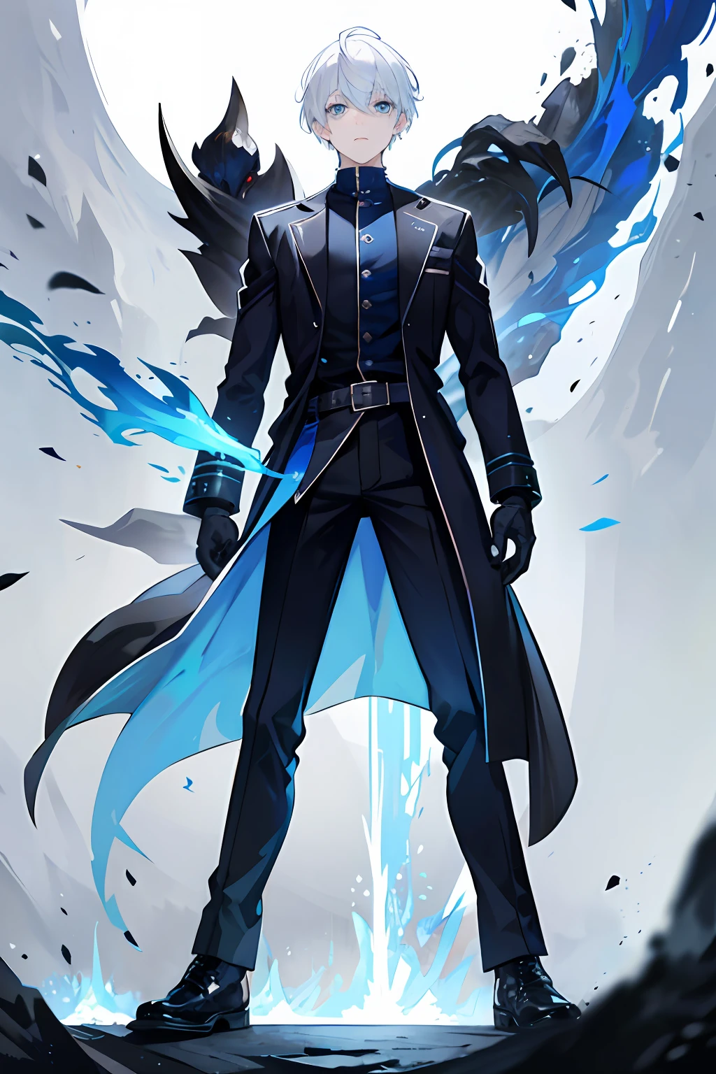 A boy，White hair，blue color eyes， short detailed hair，standing on your feet，full bodyesbian，Black blue to blue trench coat，Wearing combat shoes with a red flame，There are characteristics of monsters。