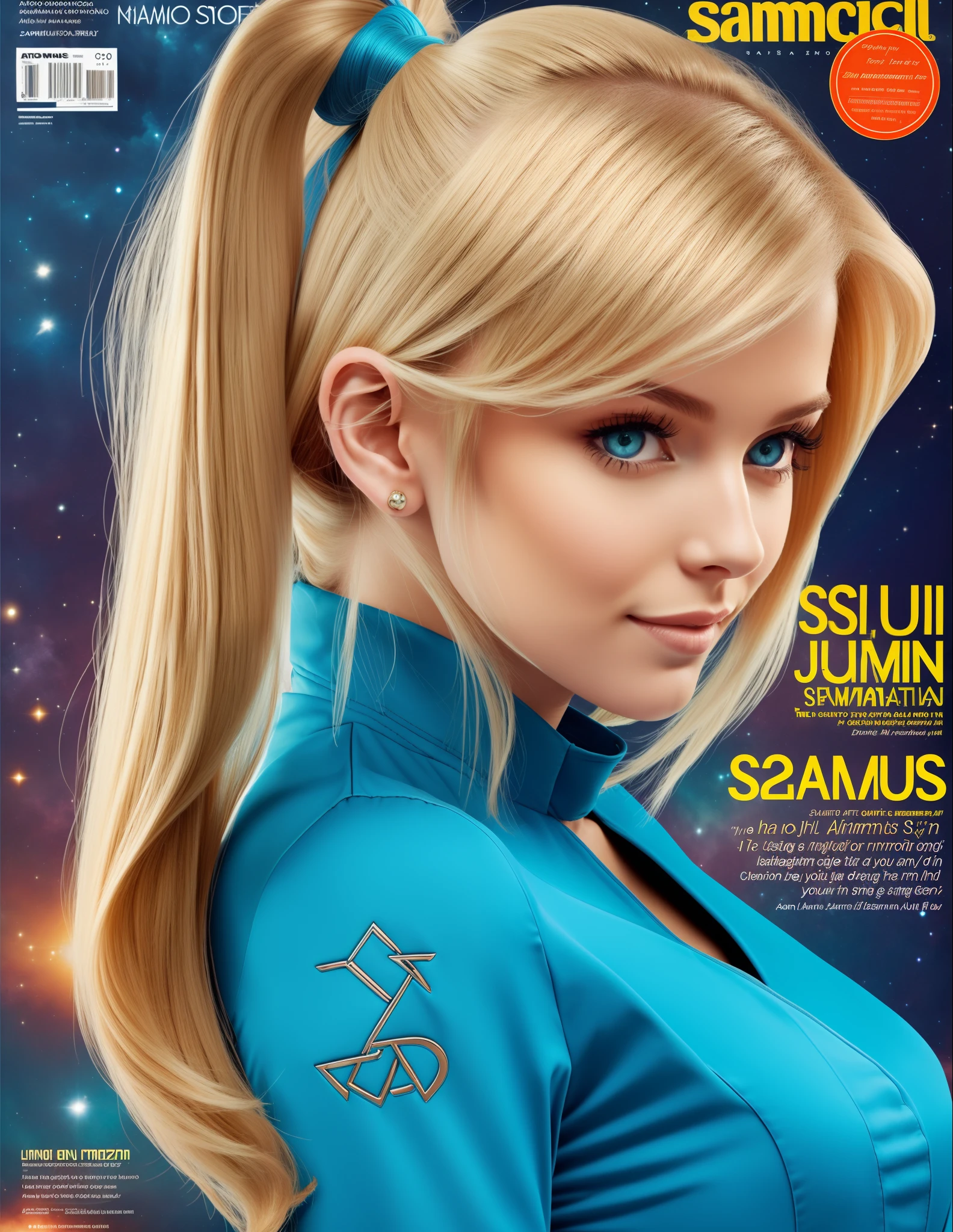 cute blonde woman wearing a blue jumpsuit, long hair, ponytail hair, spaceship background, magazine cover, sensual photo(Samus Aran) --auto --s2
