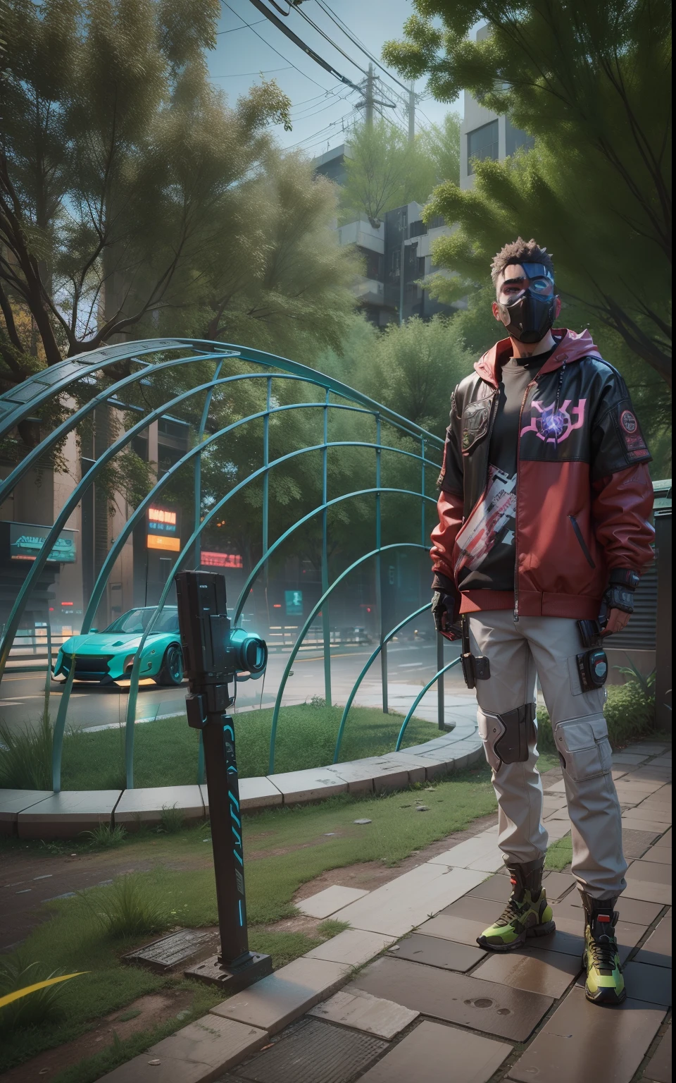 Cyberpunk background with realstic 3d 8k pixar art character