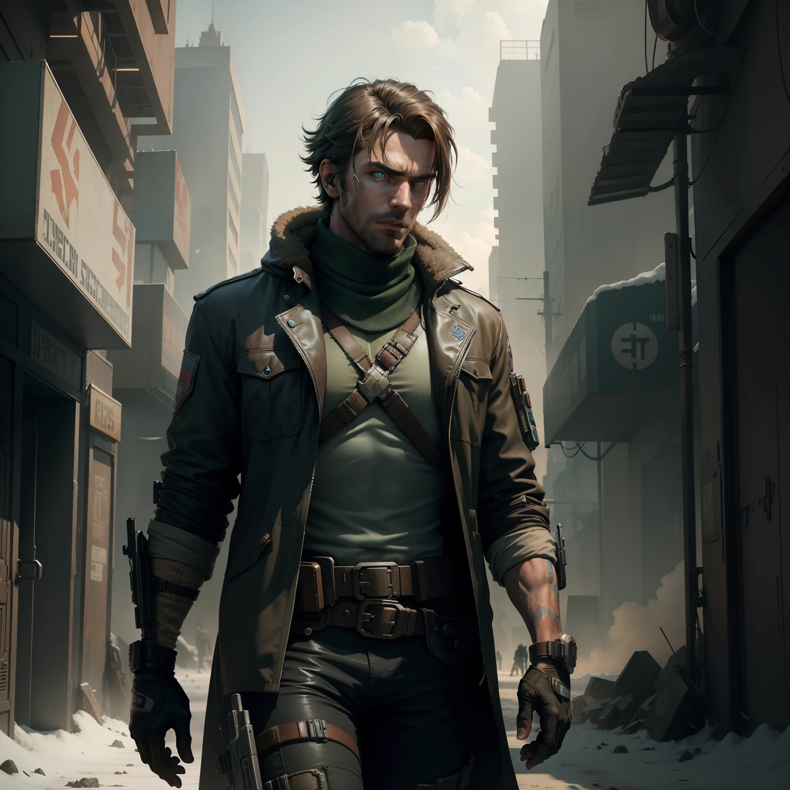 Masterpiece-quality sci-fi wasteland cyberpunk work,Full of handsome male protagonist,Show madness and hope in a doomsday scenario,The background is set in the sci-fi style of Harbin Ice and Snow,Converged《Red Dead Redemption》and American West elements。