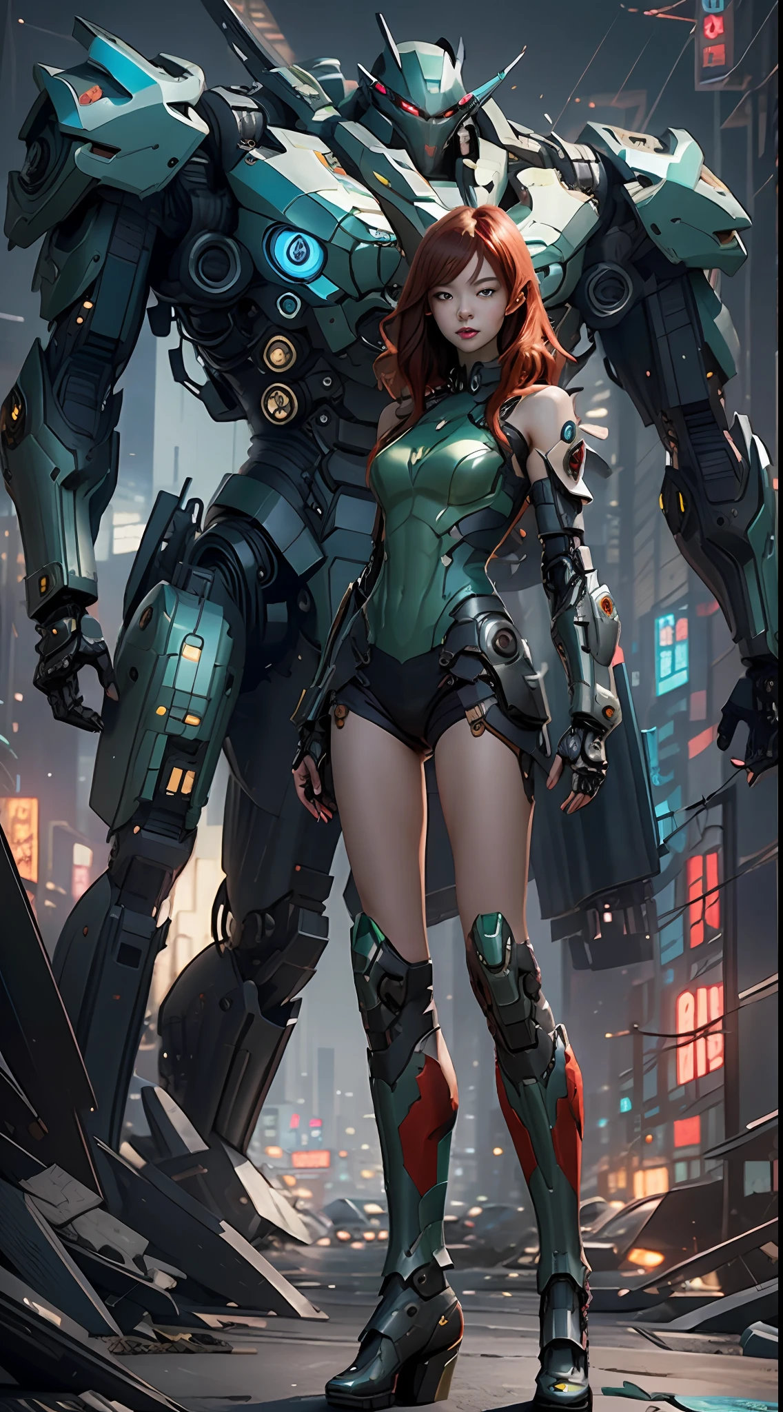 Boutique,best quality,green and blue accents,(slip out feet),Fairy skin,(Fidelity :1.2),Standing,Super Detailed,realistic,High quality,Movie Light,Ray tracking,Ultra HD,Upper body,
redhead Girl in skimpy leotard and tall boots standing next to giant robot, Guweiz style artwork, CyberPunk mech, Trends on CGSTATION, Guweiz, Russell Dongjun Lu, digital cyberpunk anime art, Ross Tran 8 K, Guweiz on ArtStation Pixiv, Girl in mecha network armor