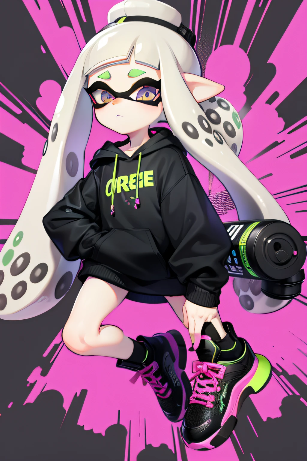 Splatoon, 1girl, inkling, Splatoon 2, splatfest style, Splatoon style, best quality, masterpiece, looking at viewer, city, light skinned skinny woman with a flat chest, long white hair with long side bangs/tentacles and one big middle bang , muted lilac eyes, dark circles/eye bags, wearing an all black hoodie. Detailed background, normal height, white ink,