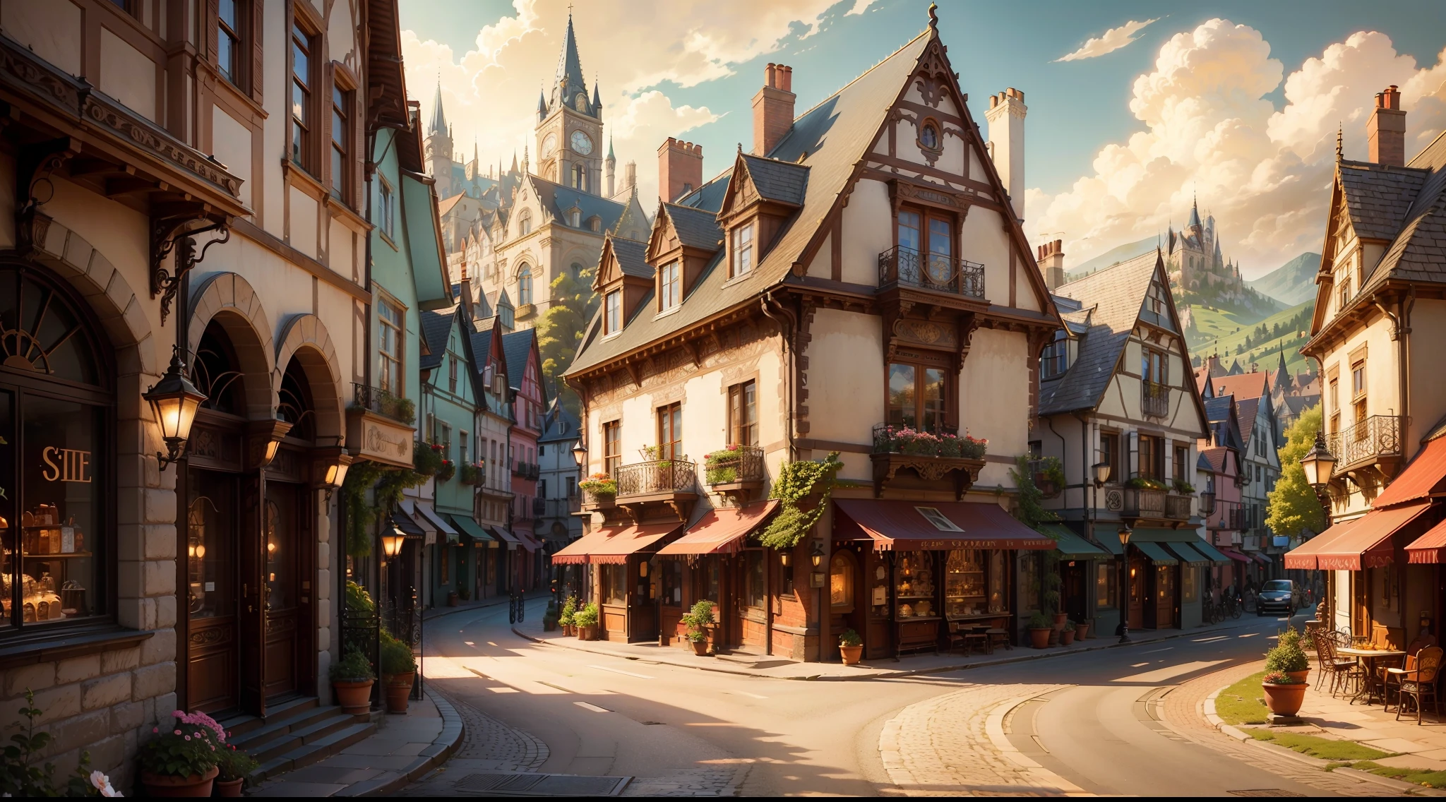 "beautiful houses in Art Nouveau style, ((paved road)), beautiful cafe in the background, magic shops, town square, breathtaking architecture, picturesque townscape, charming, vibrant cityscape, enchanting magical fantasy ambiance, (masterpiece), (best quality), (ultra-detailed) beautiful surroundings in the background, many flowers and trees, intricate details, cinematic light, scenery, Tilt-shift, 80mm lens, long photo"