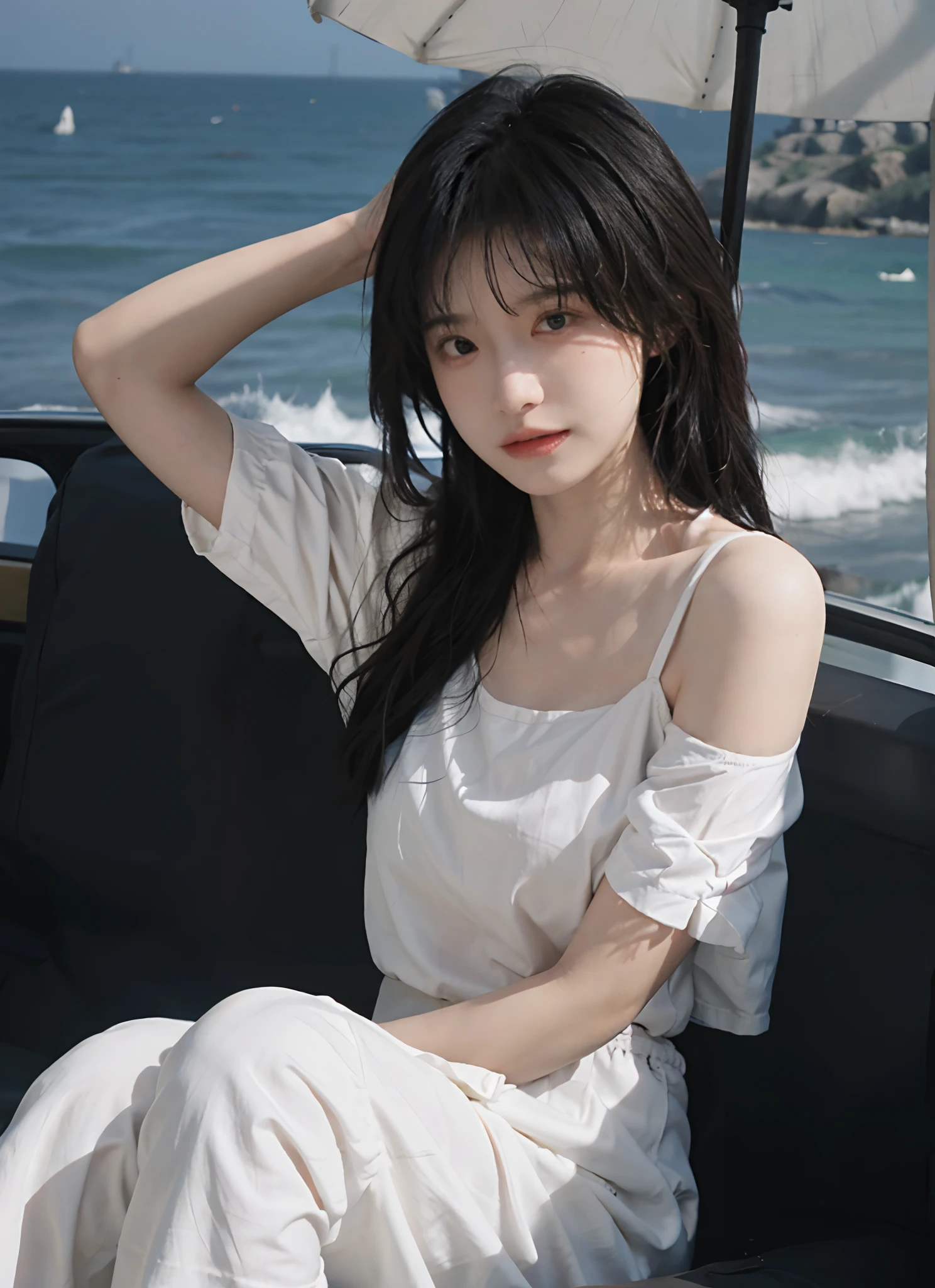 best qualtiy，tmasterpiece，超高分辨率，（realisticlying：1.4），1girll，Raised sexy，（The shirt：1.2），（brassier：1.2），（big cleavage breasts：1.3），（The upper part of the body：1.4），Beach by the sea，in the afternoon