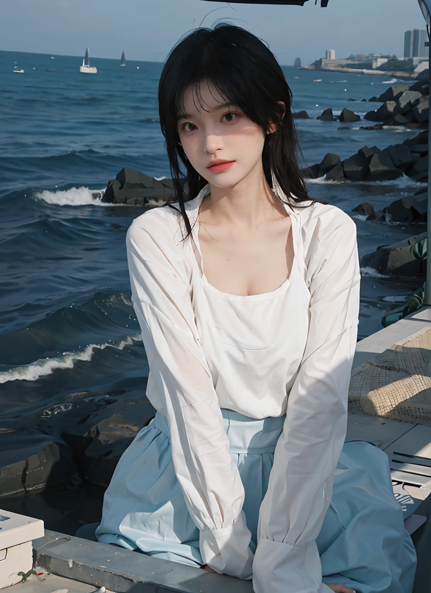 best qualtiy,tmasterpiece,超高分辨率,(realisticlying:1.4),1girll,Raised sexy,(The shirt:1.2),(brassier:1.2),(big cleavage breasts:1.3),(The upper part of the body:1.4),Beach by the sea,in the afternoon
