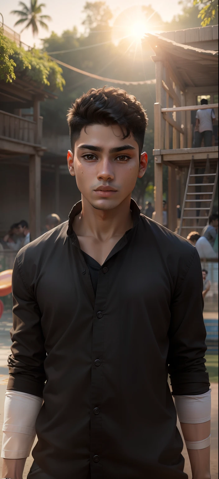 Best quality, masterpiece, super high resolution, (realistic: 1.4), original photo, wallpaper, head photo, skin, simple background, black eyes, detail, selfie, 1 boy, 18 years old, handsome, India , Indian , sunshine, playground , realistic photo , realty photo