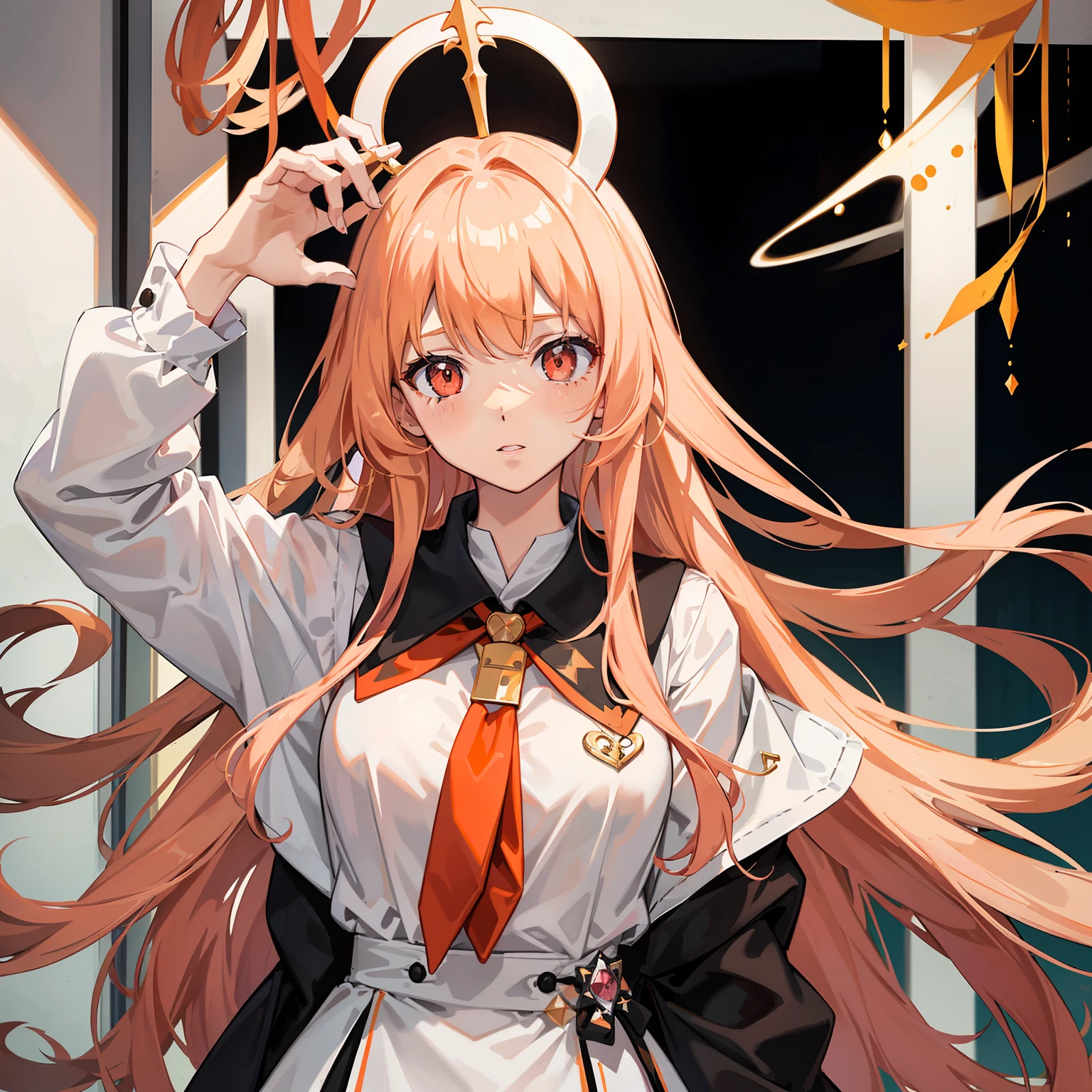 orange long hair,Pale pink eyes,With a small white triangle decoration on the head,A girl who always wears a black and white school uniform,Miss Ghost,She put one hand on her chest and introduced herself proudly。