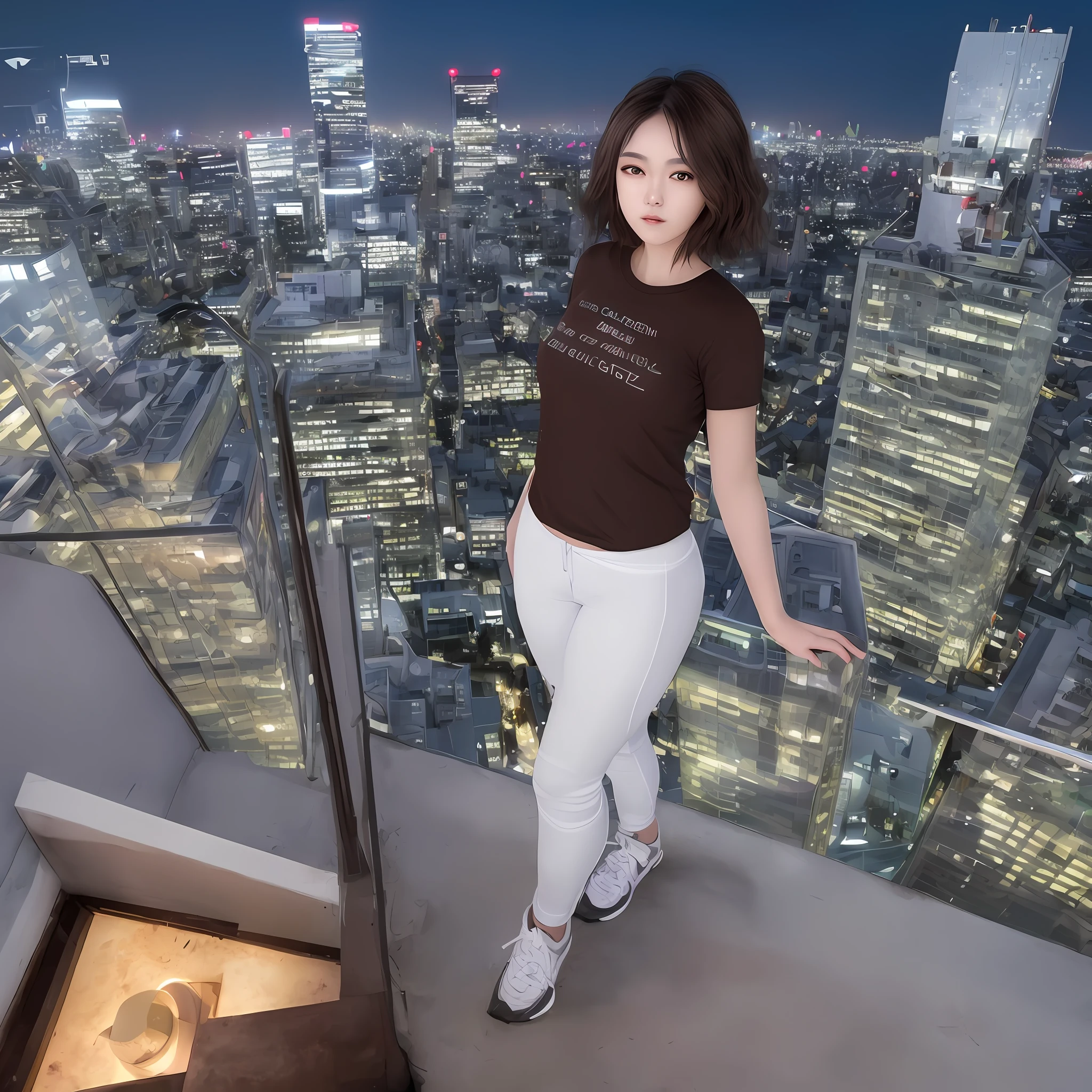 ((Midnight, Best Quality, 8k, Masterpiece: 1.3)), Full Body, Long Legs, Sharp Focus: 1.2, Pretty Women with Perfect Figure: 1.4, Slender Abs: 1.1, ((Dark Brown Hair, Big: 1.2)), (White Tight T-Shirt, Standing:1.2), ((Night City View, Rooftop:1.3)), Highly Detailed Face and Skin Texture, Detailed Eyes, Double Eyelids