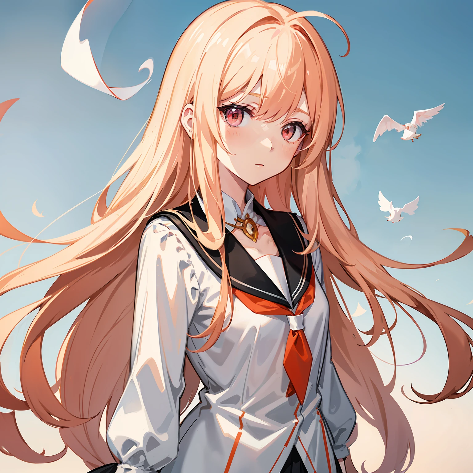 orange long hair,Pale pink eyes,With a small white triangle decoration on the head,A girl who always wears a black and white school uniform,Miss Ghost,She put one hand on her chest and introduced herself proudly。