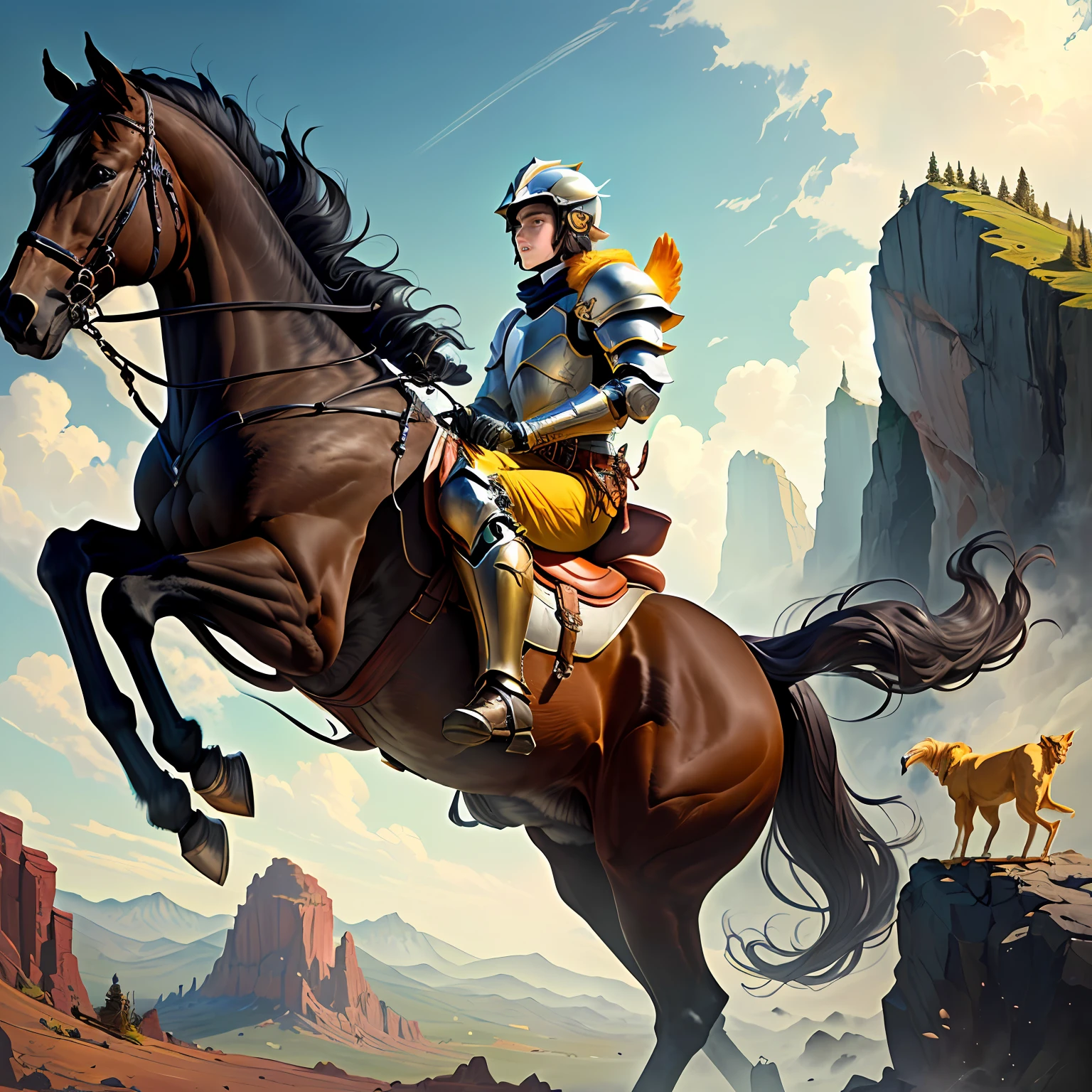 A ager dressed in light armor and riding a horse stands on the edge of a cliff, holding a goshawk in his left hand and a yellow dog in his right hand