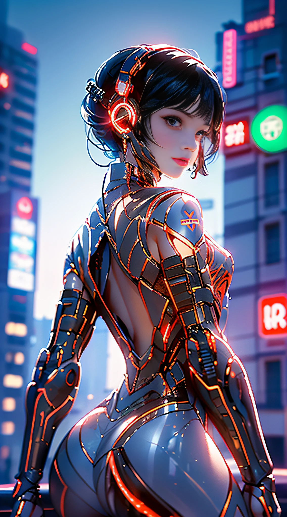 Super Resolution, (Realistic: 1.3) 1 girl, cyberhan, Cyberpunk City, Night, neons, lantern, Solo, Delicate face, Delicate eyes, Short hair, Cat, Full body, Back, Back to audience