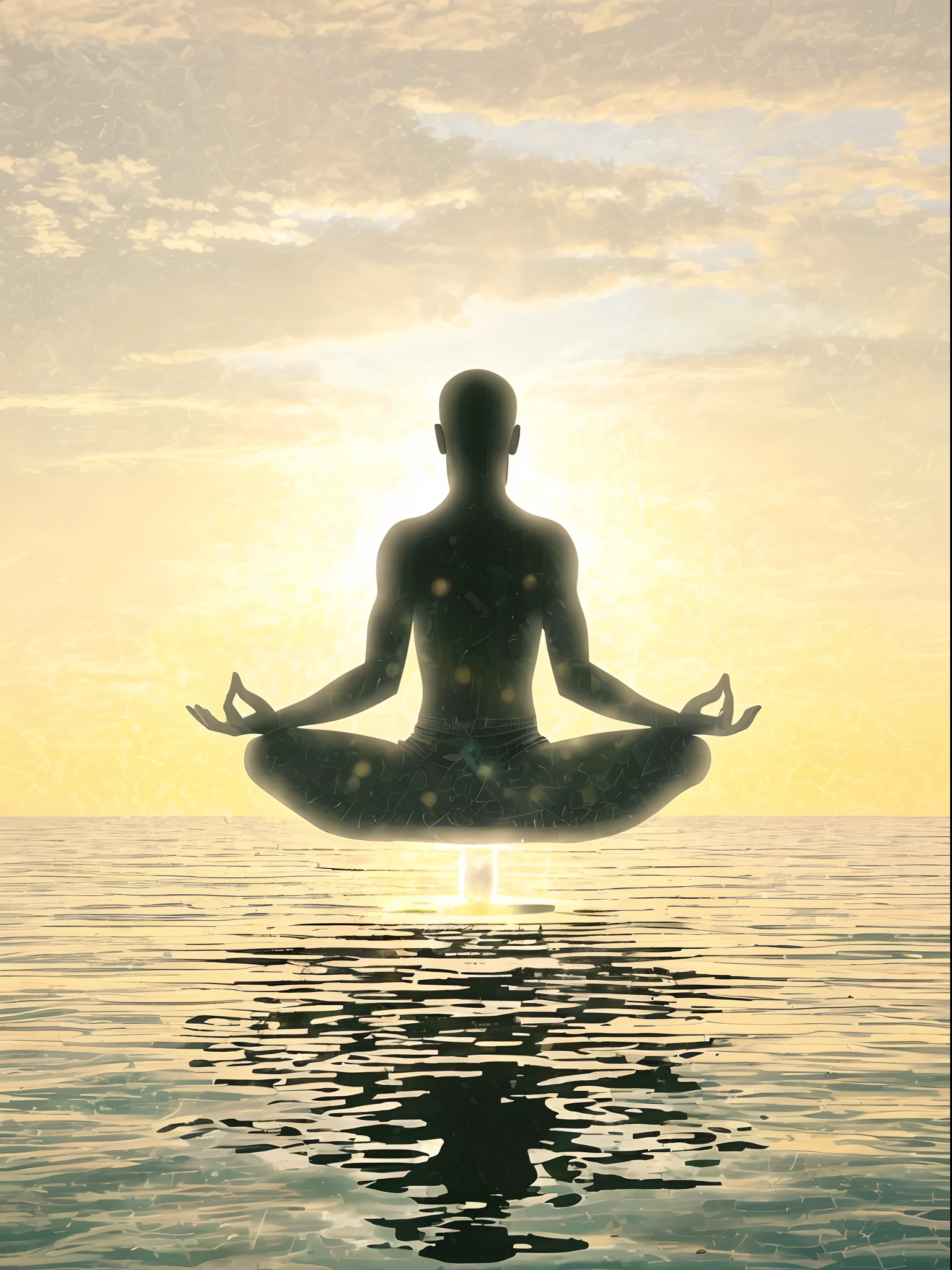 Arafed man sitting in lotus position in the middle of the ocean, Postura meditatoria, flotando en un poderoso estado zen, Meditando, yoga meditation pose, meditation, hindu stages of meditation, meditation pose, meditating in lotus position, Sukhasana, Lottery Pose, Figura meditando plano cercano, spiritual enlightenment, meditativo, zen meditation, feeling of calm