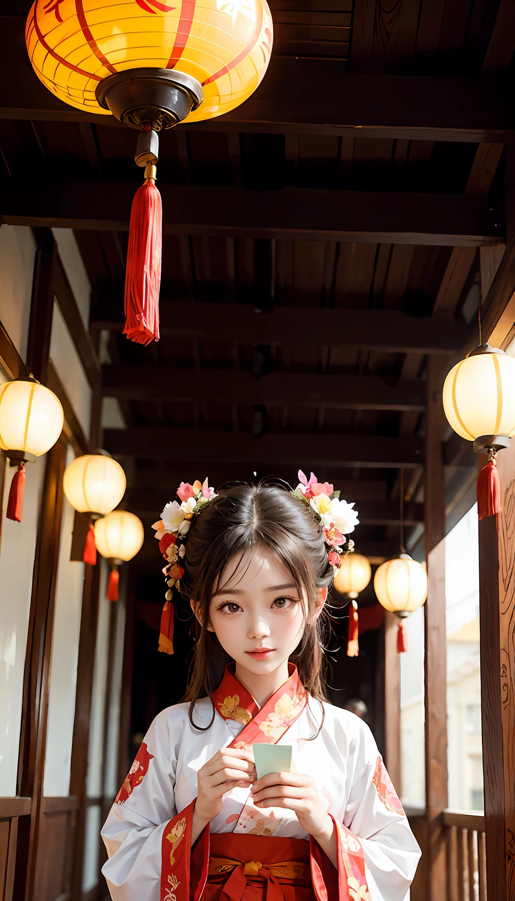 Design a children's day poster with traditional Chinese elements. The main focus should be an adorable child wearing a traditional Hanfu (Chinese clothing) with a bright smile. Surround the child with vibrant traditional paper-cut art, such as auspicious characters, animals, or flowers. In the background, depict traditional Chinese architecture like palaces or courtyard houses in soft colors. Add traditional decorations like red lanterns, fans, and paper cranes around the poster. Incorporate traditional Chinese patterns at the top or bottom, such as cloud motifs, longevity characters, or festive flowers.