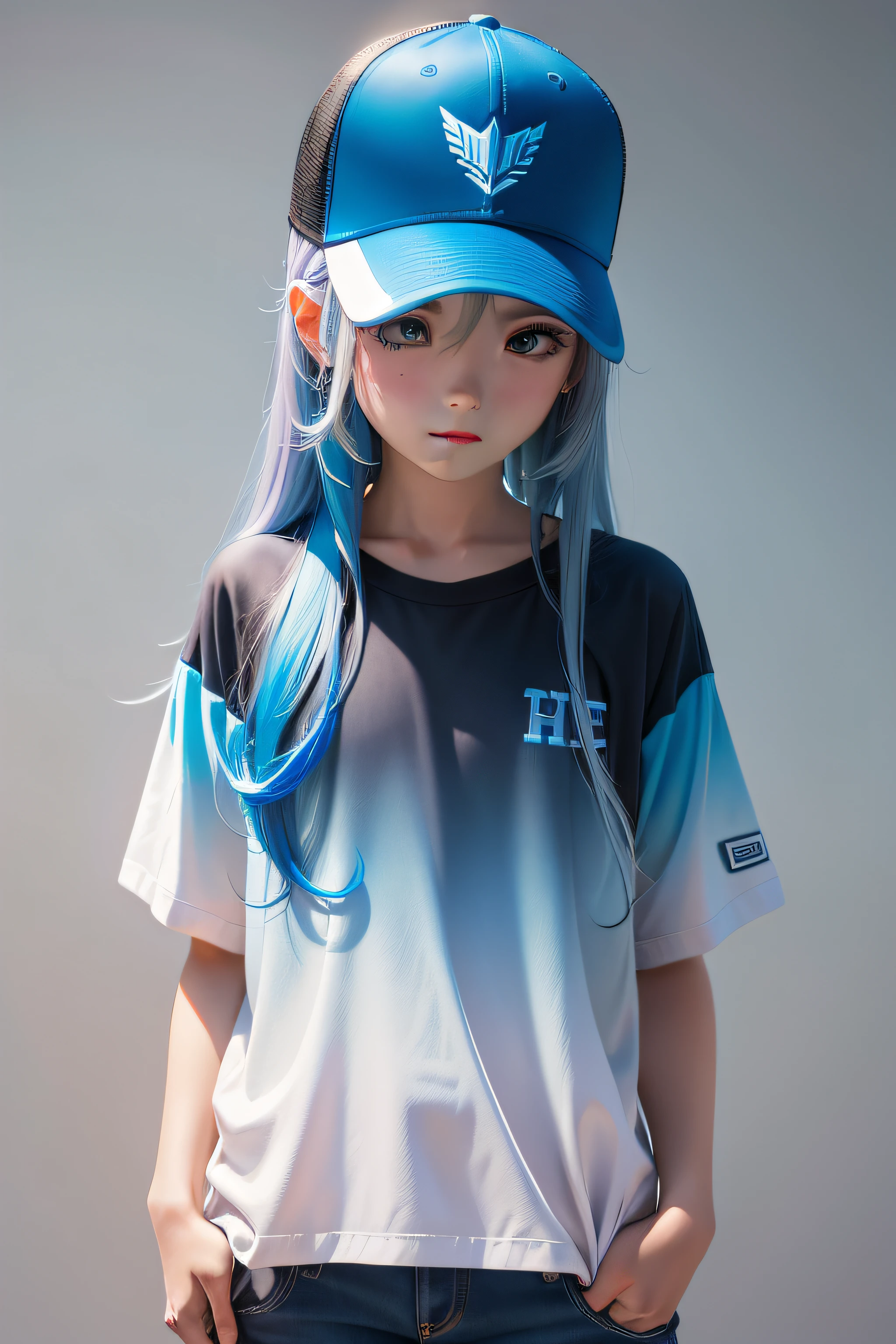 Blue ice gradient long hair,Baseball cap tilted in reverse